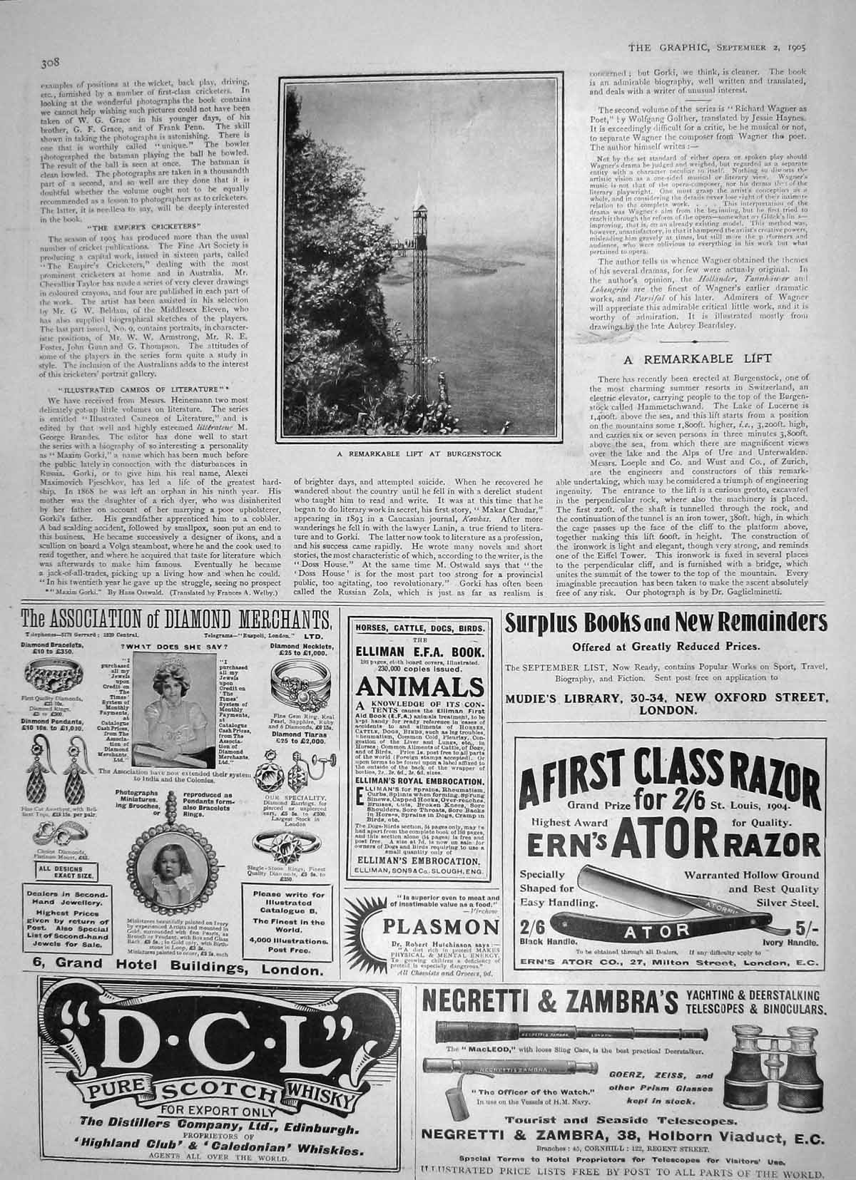 Old Antique Print 1905 Lift Burgenstock Switzerland Scotch Whisky Razor 20th