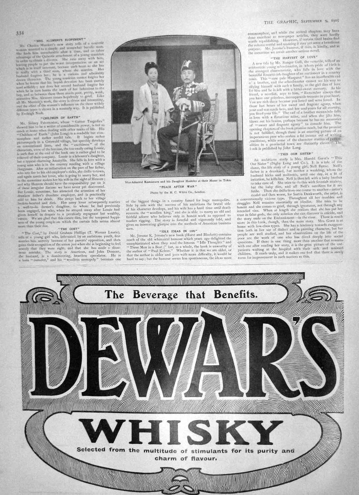Old Antique Print 1905 Vice-Admiral Kamimura Hoshiko Tokio Dewars Whisky 20th
