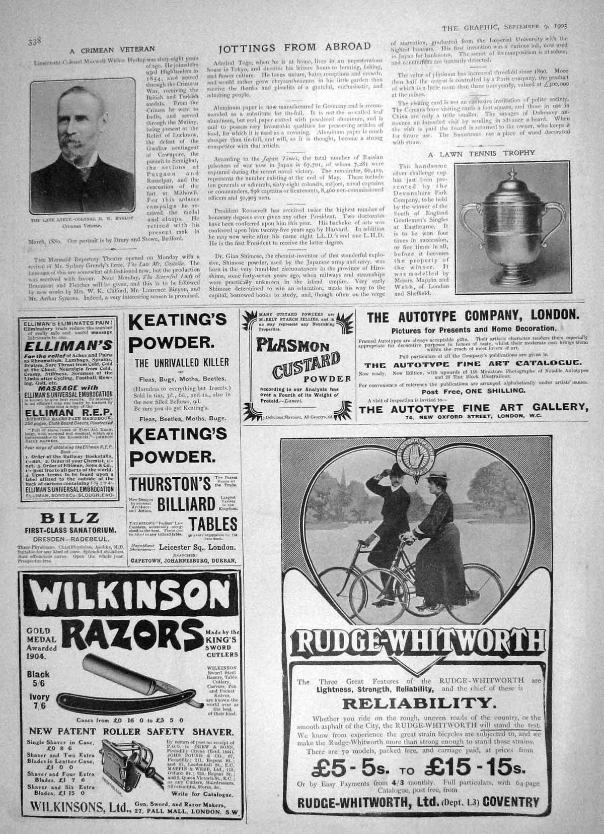 Original Old Antique Print 1905 Lieut-Colonel Hyslop Lawn Tennis Trophy Razors