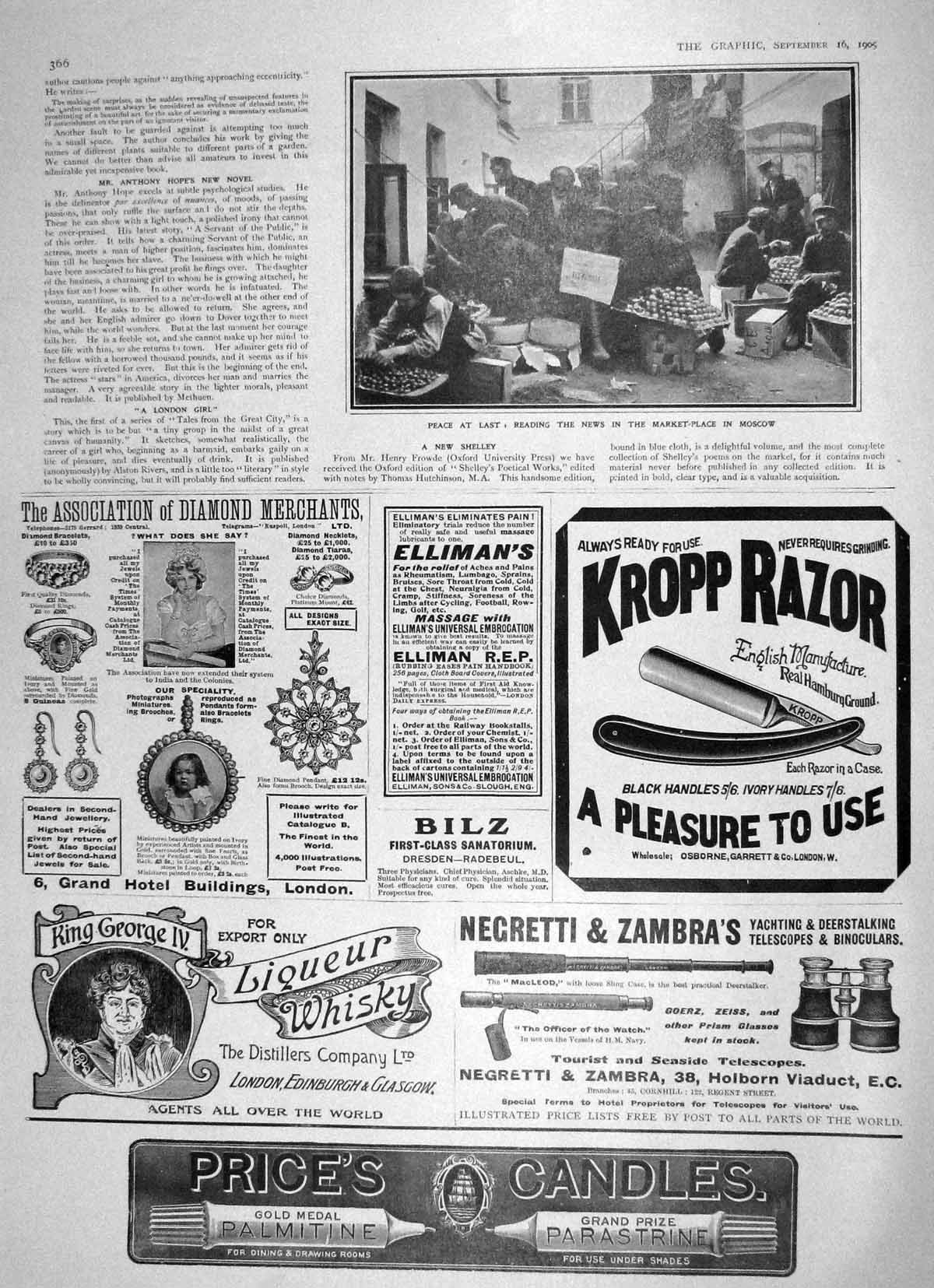 Old Antique Print 1905 Peace News Market Place Moscow Kropp Razor Whisky 20th