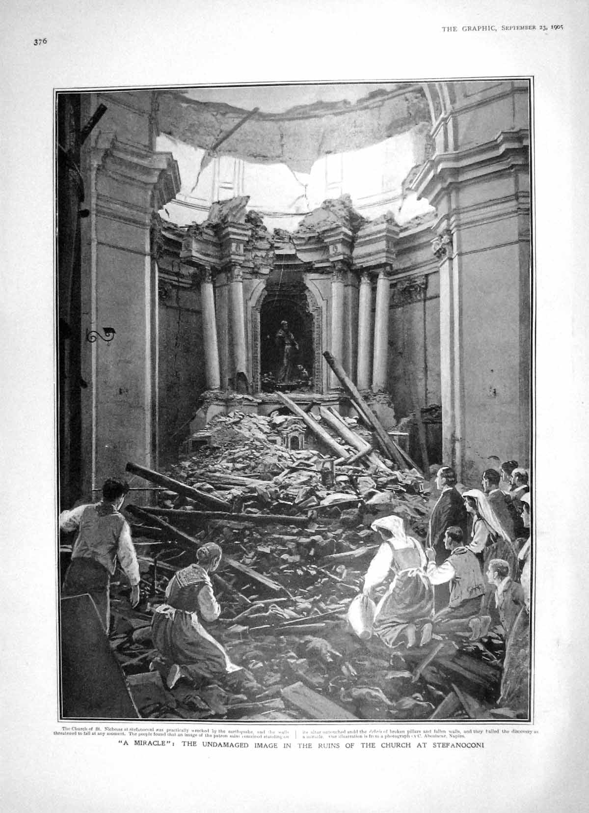 Old Antique Print 1905 Cuhrch St. Nicholas Stefanoconi Earthquake Statue 20th