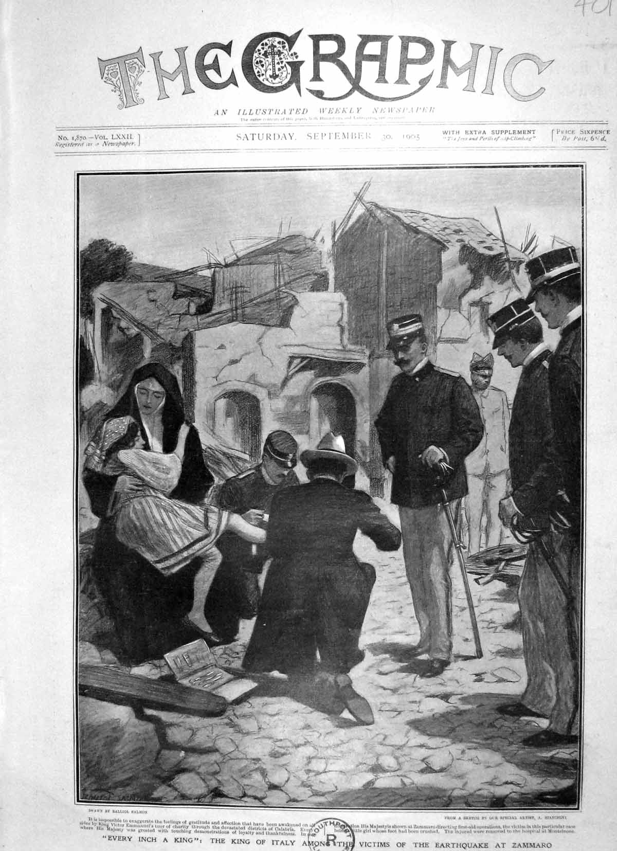 Original Old Antique Print 1905 King Emmanuel Italy Victims Earthquake Zammaro
