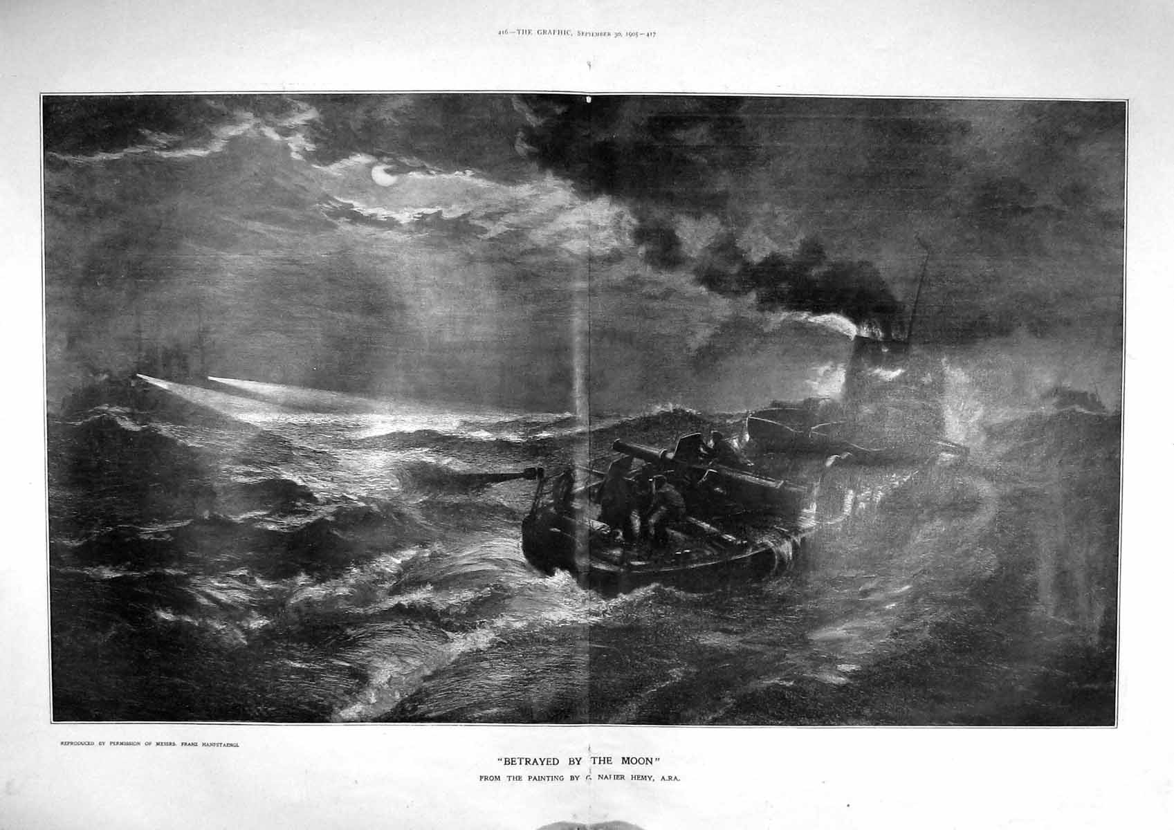 Original Old Antique Print 1905 Betrayed Moon Ship Searchlights Napier Hemy