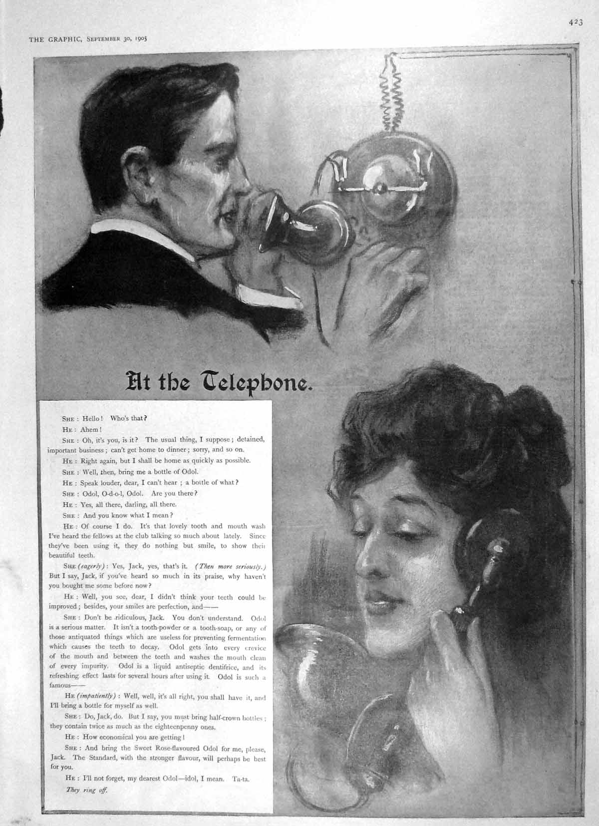 Old Antique Print 1905 Man Lady Telephone Ostend-Dover Ship Sultan Lion 20th