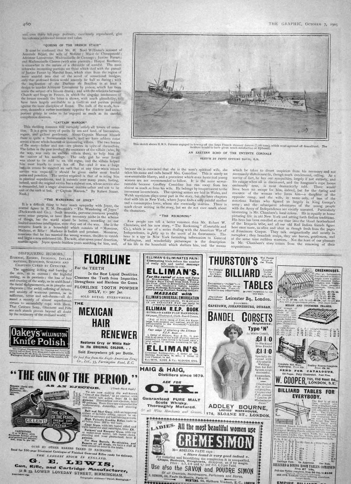 Original Old Antique Print 1905 Ship Perseus French Steamer Annam Somaliland
