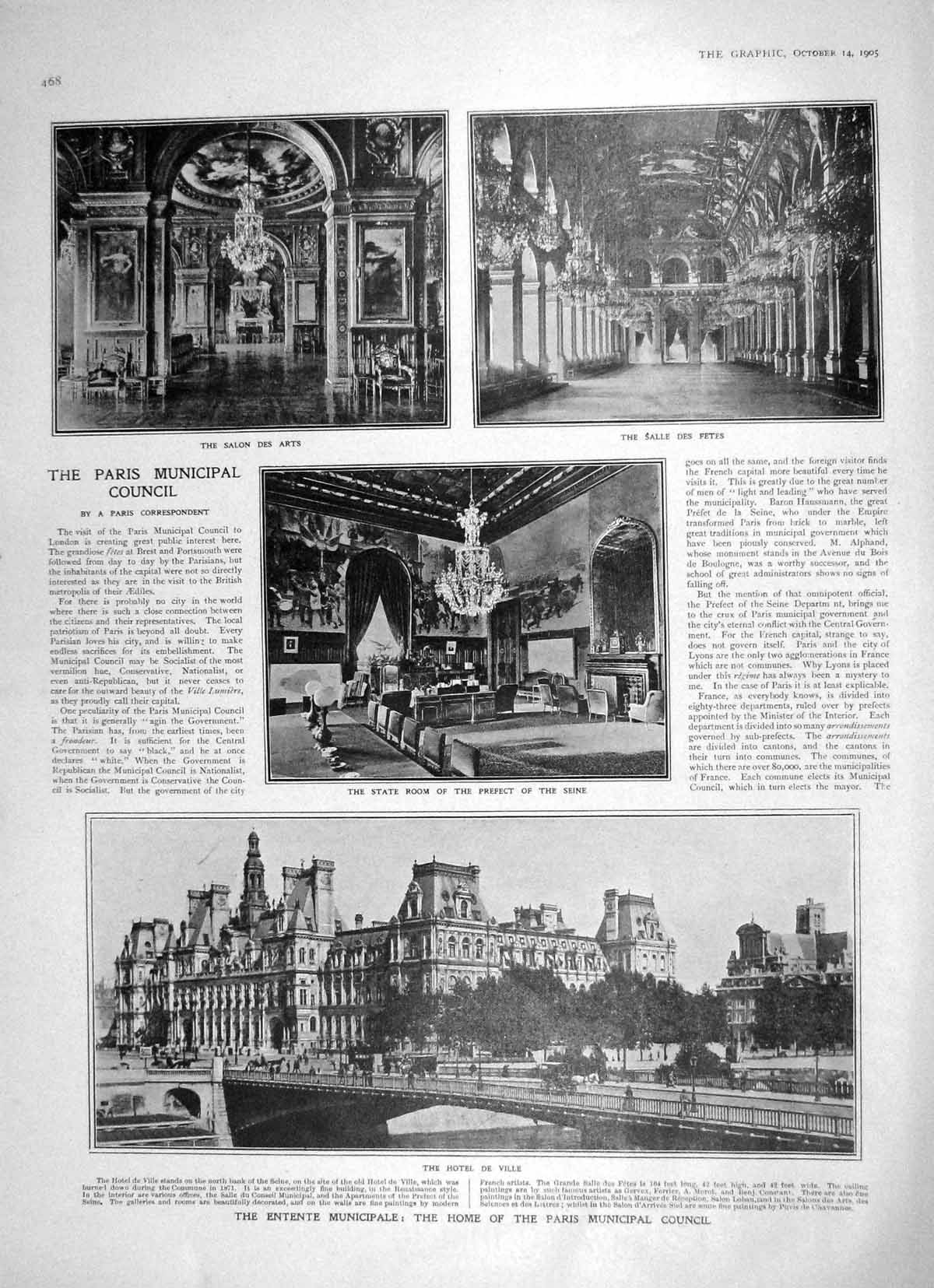 Original Old Antique Print 1905 Hotel De Ville Paris Municipal Building France