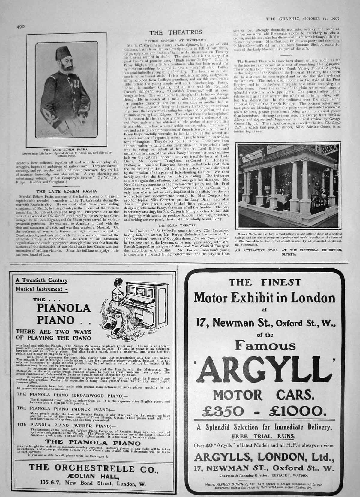 Old Antique Print 1905 Edhem Pasha Electrical Exhibition Olympia Argyll 20th