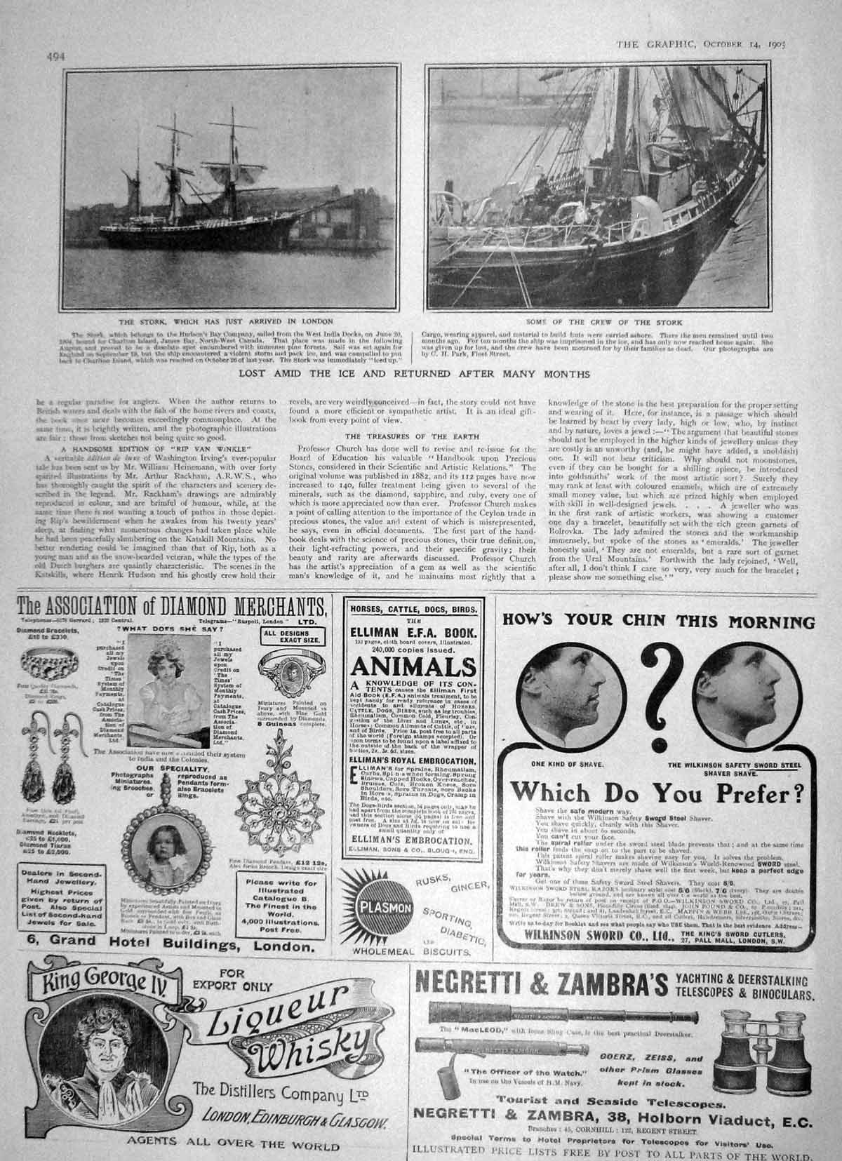 Original Old Antique Print 1905 Stork Hudson Bay Ship London King George Whisky