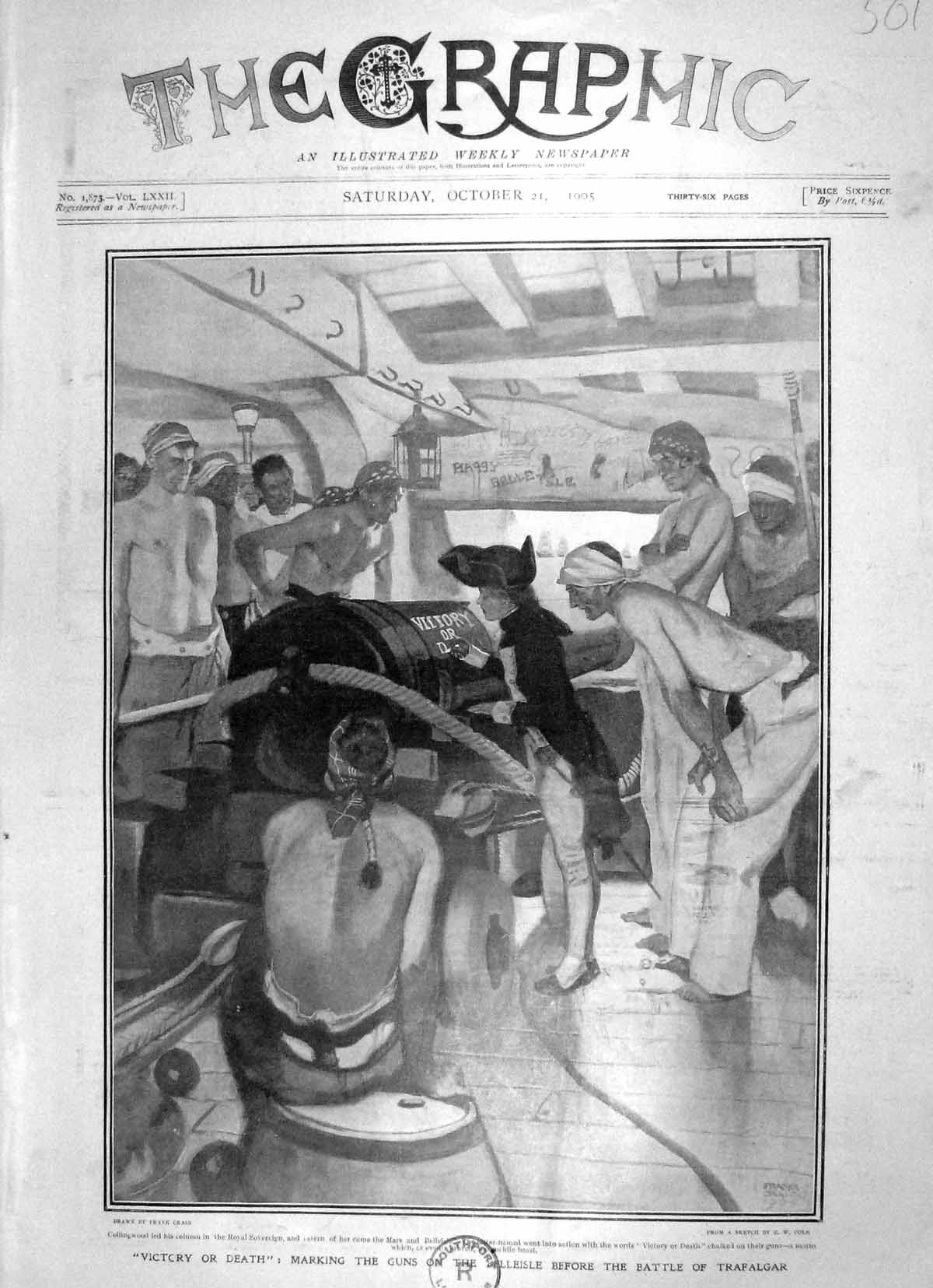 Old Antique Print 1905 Marking Gun Belleisle Battle Trafalgar Collingwood 20th