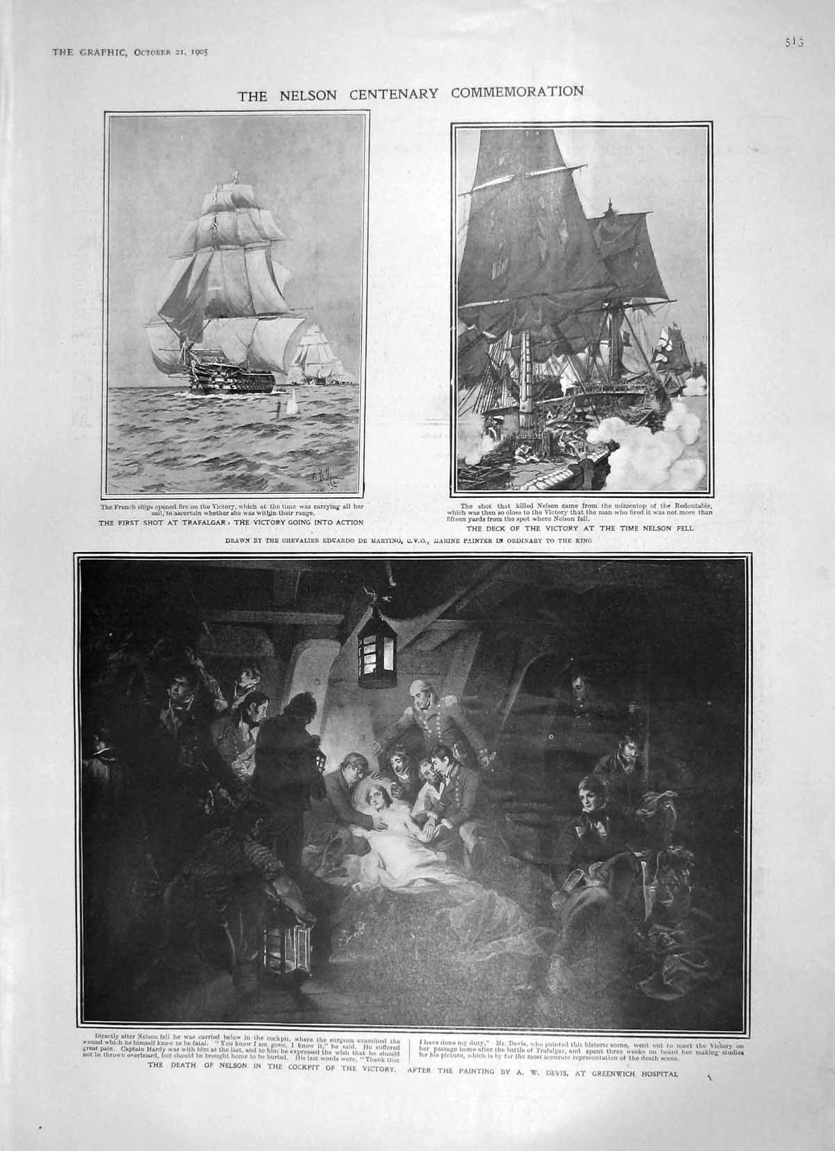 Old Antique Print 1905 Death Nelson Victory Ship Trafalgar Battle Map War 20th
