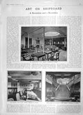 Original Old Antique Print 1905 Drawing Room Amerika Ship Warings Staircase