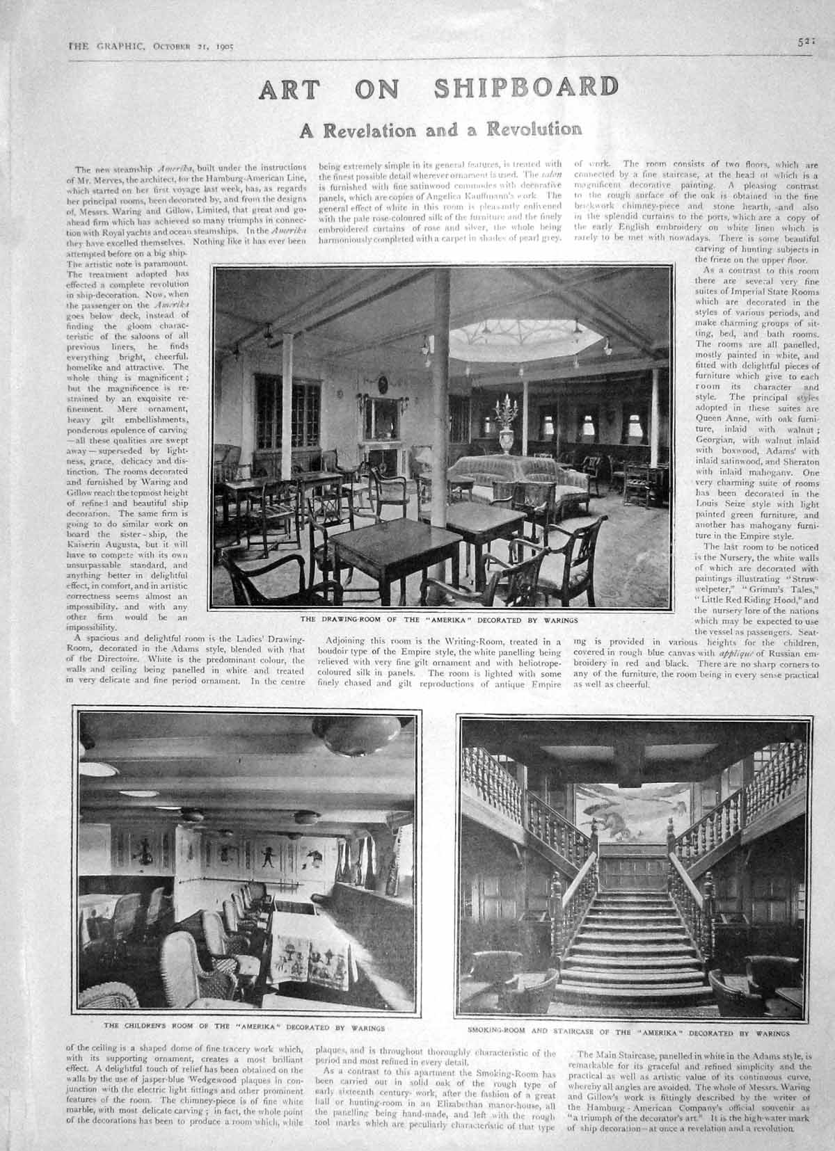 Original Old Antique Print 1905 Drawing Room Amerika Ship Warings Staircase