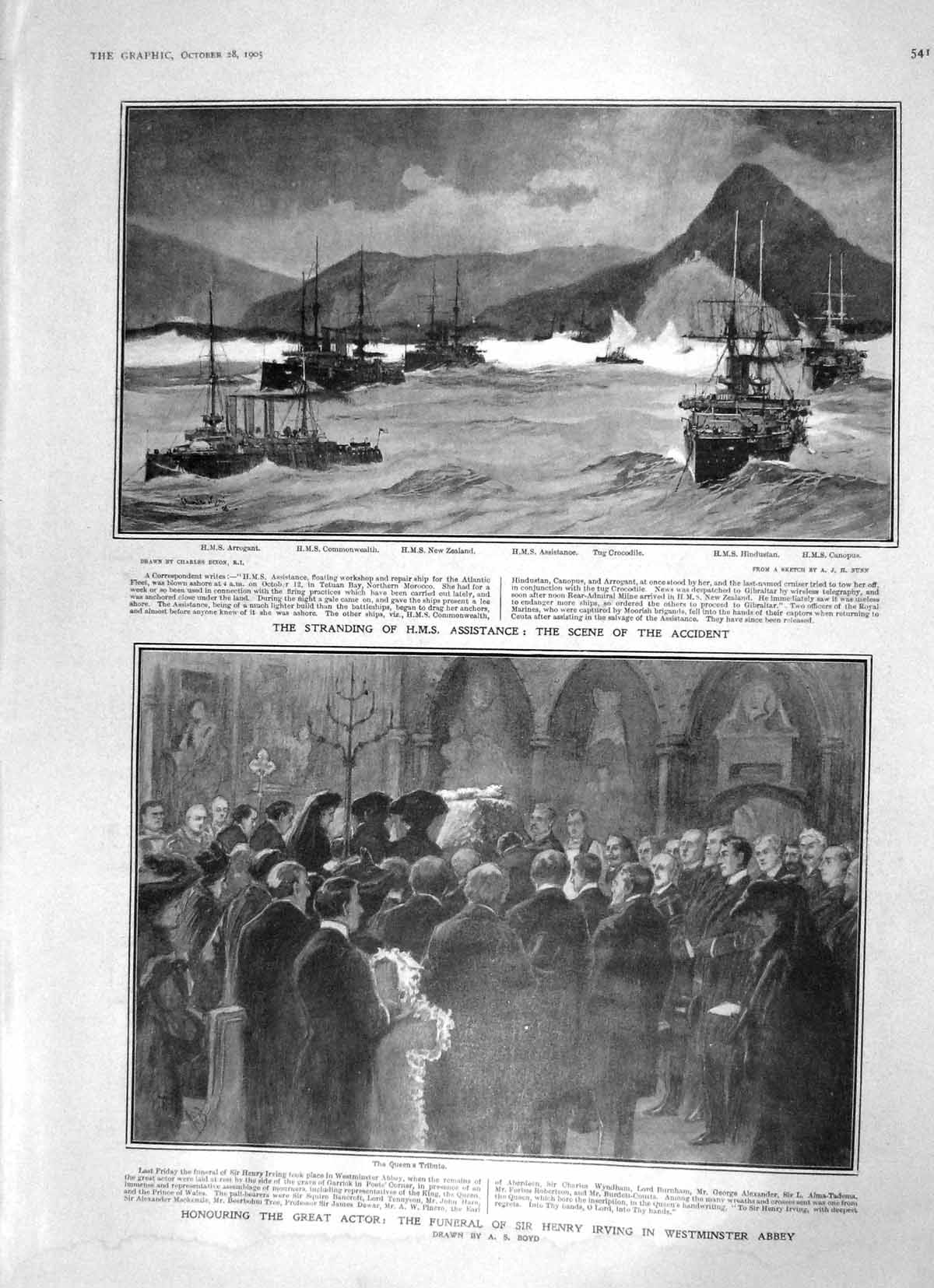 Original Old Antique Print 1905 Ship Assistance Arrogant Canopus Funeral Irving