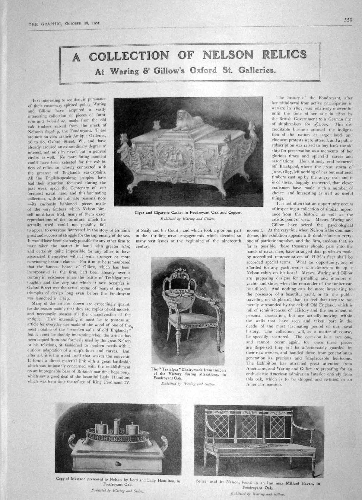 Original Old Antique Print 1905 Nelson Relics Cigarette Casket Inkstand Milford