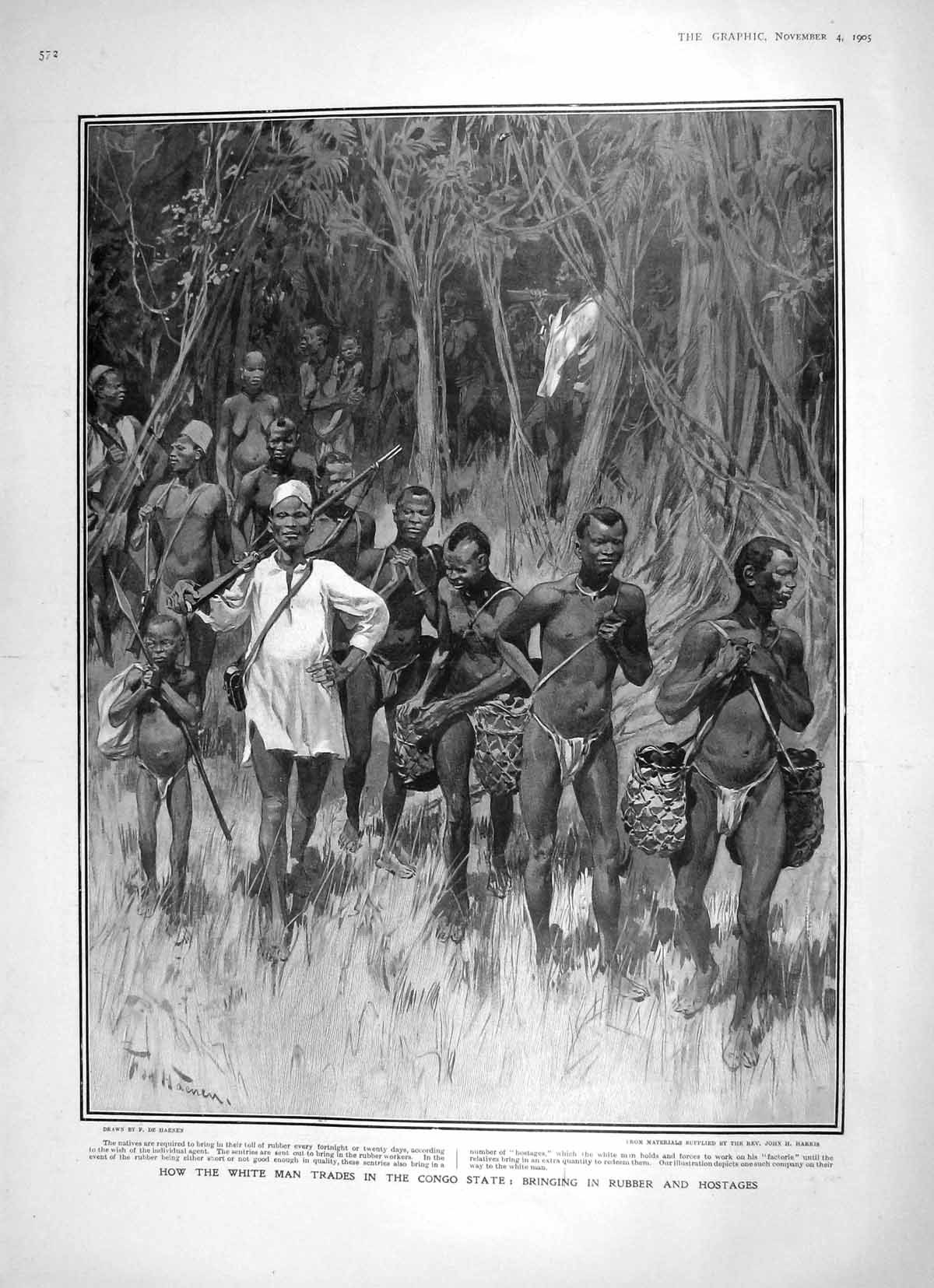 Old Antique Print 1905 Congo State Natives Hostages Rubber Workers Africa 20th