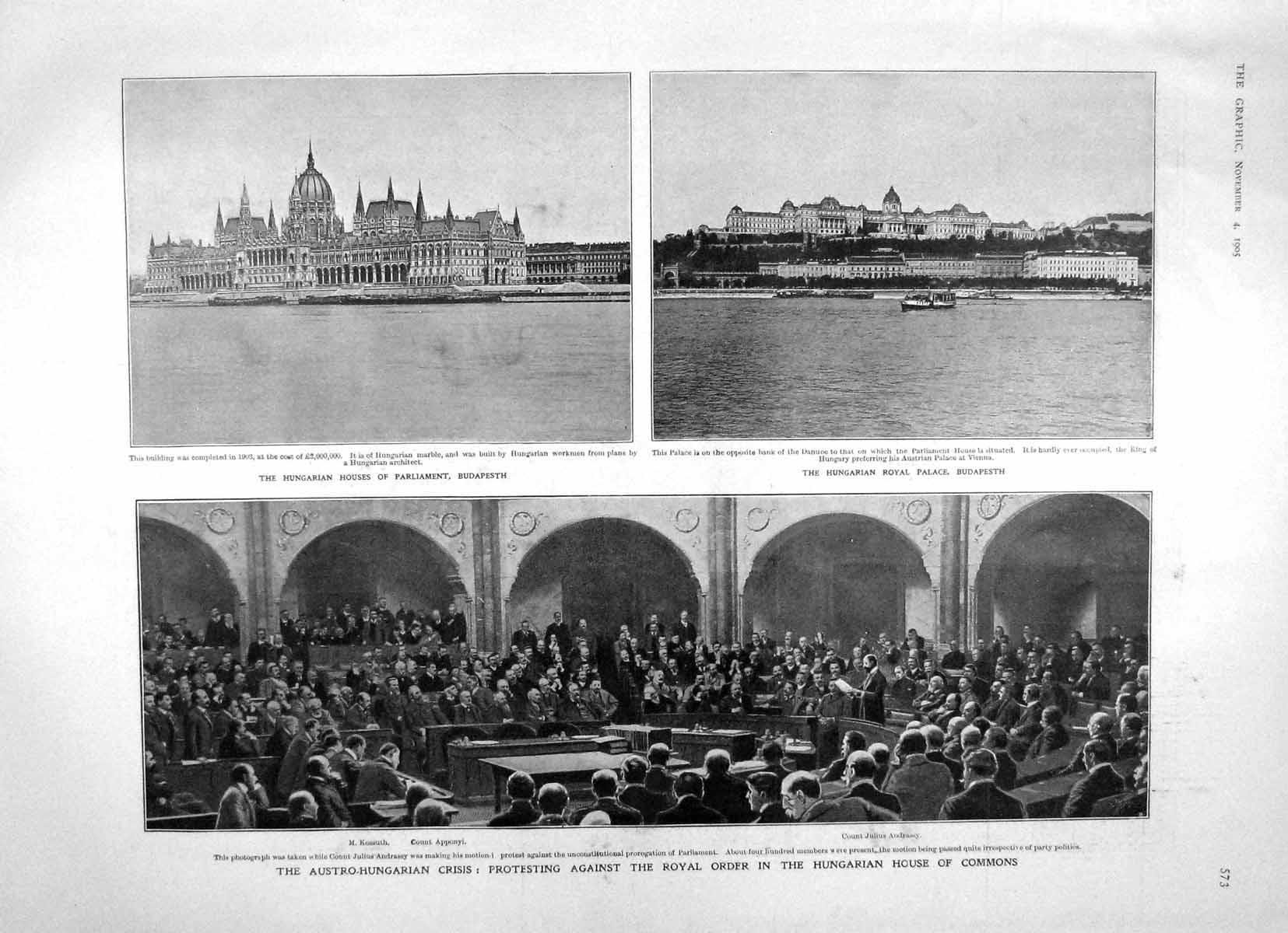 Old Antique Print 1905 Hungarian House Commons Budapesth President Loubet 20th
