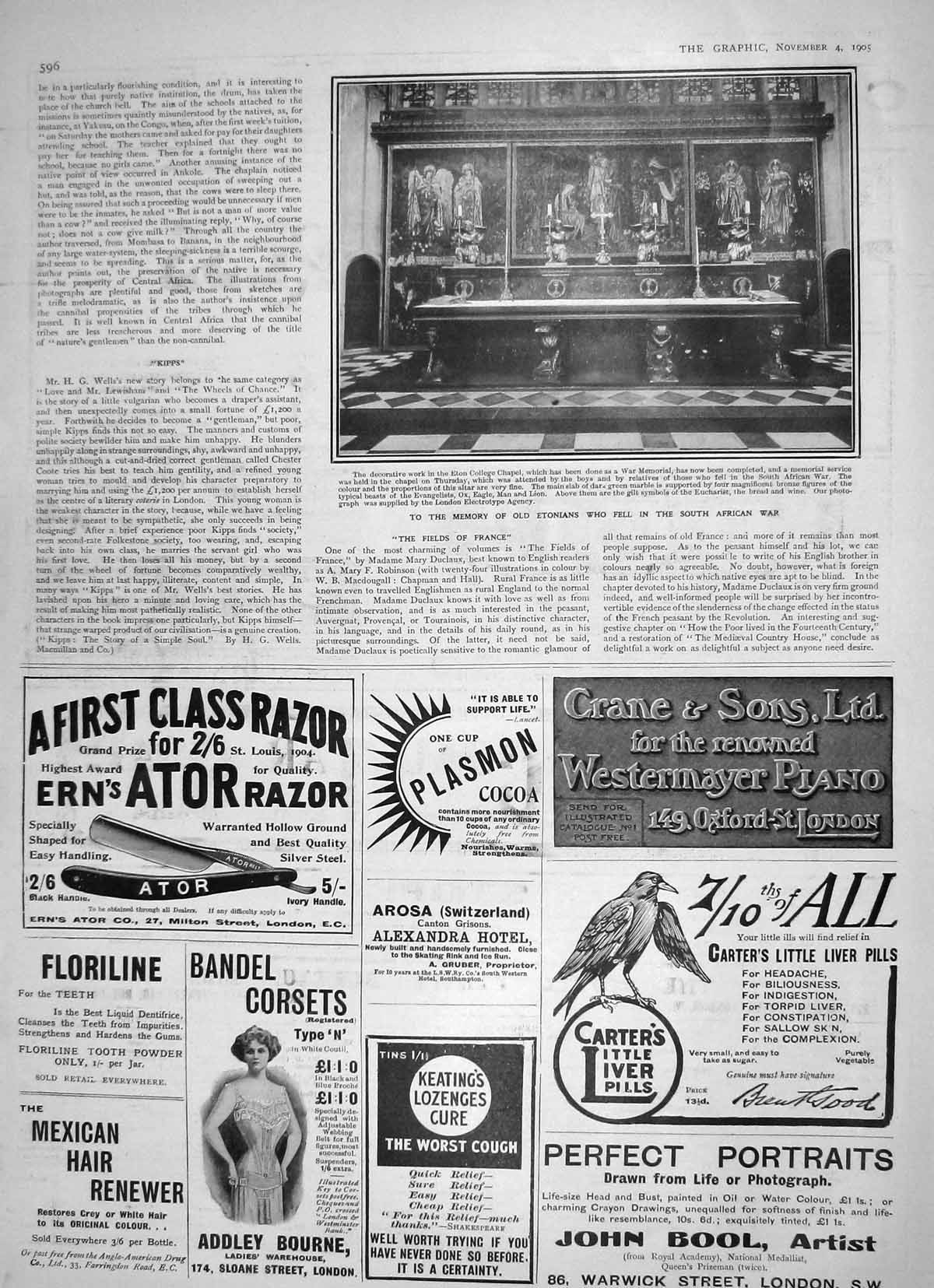 Old Antique Print 1905 Eton College Chapel War Memorial Etonians Carters 20th