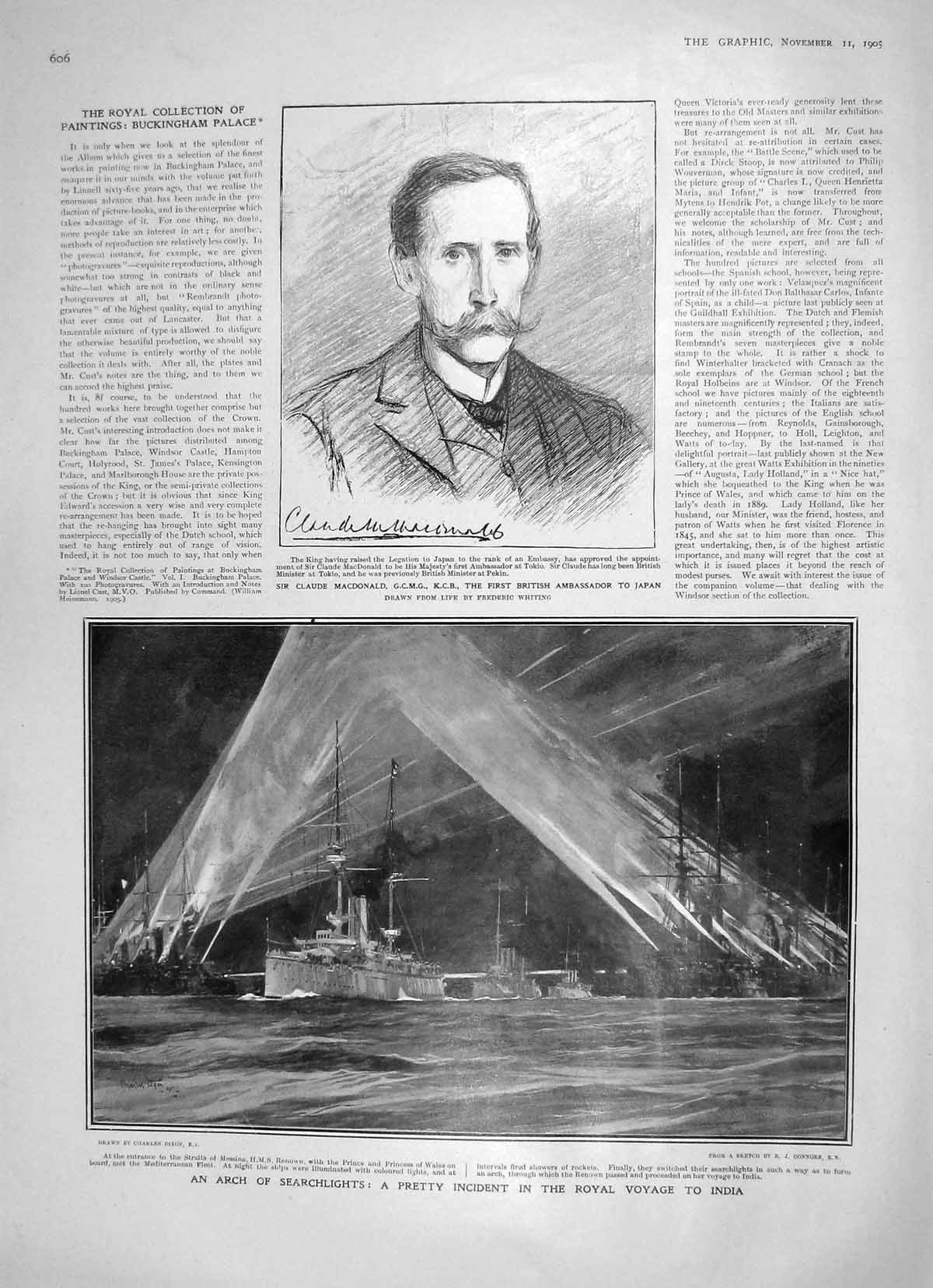 Old Antique Print 1905 Claude Macdonald Searchlights Prince Wales India 20th