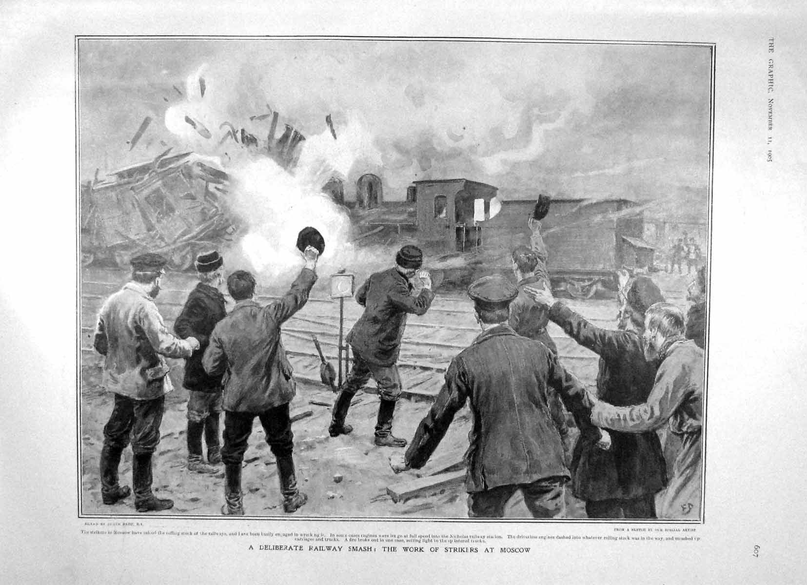 Original Old Antique Print 1905 Train Crash Moscow Strike Mary Augusta Holland