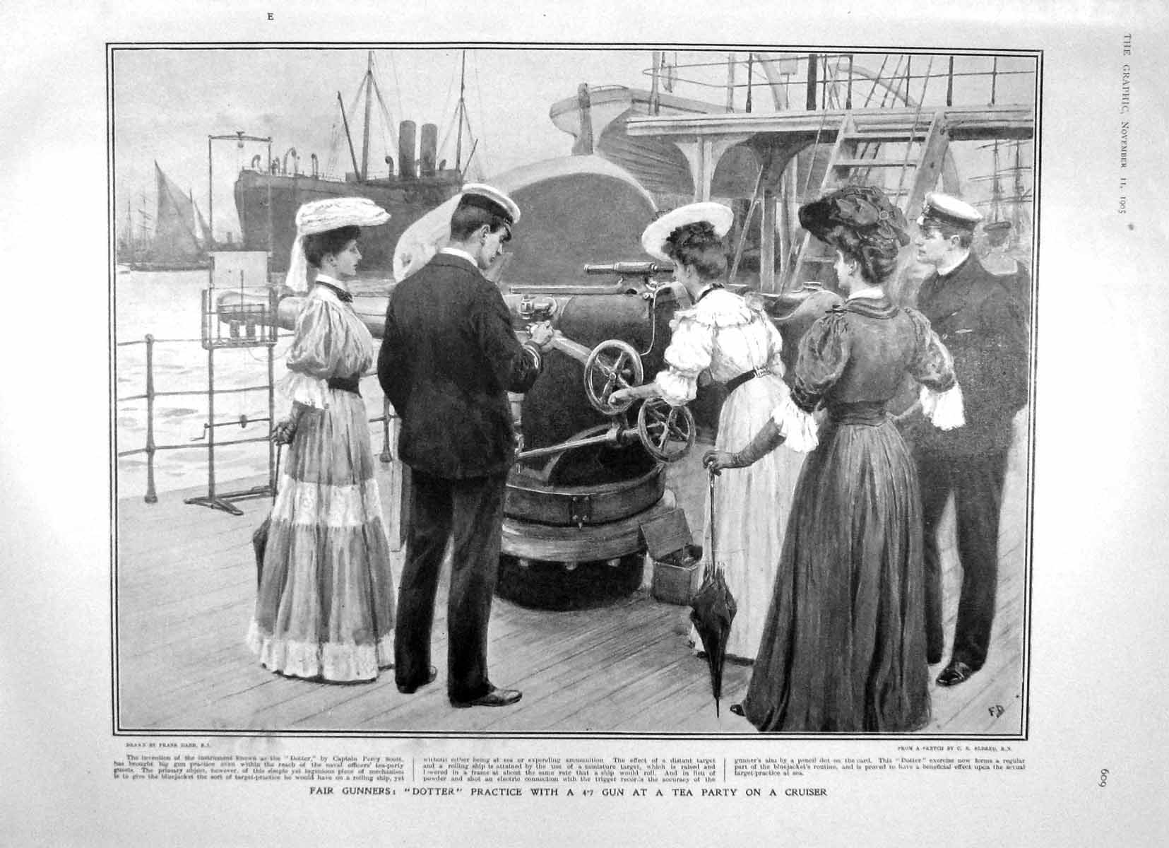 Original Old Antique Print 1905 Dotter Practice 4.7 Gun Tea Party Cruiser Ship