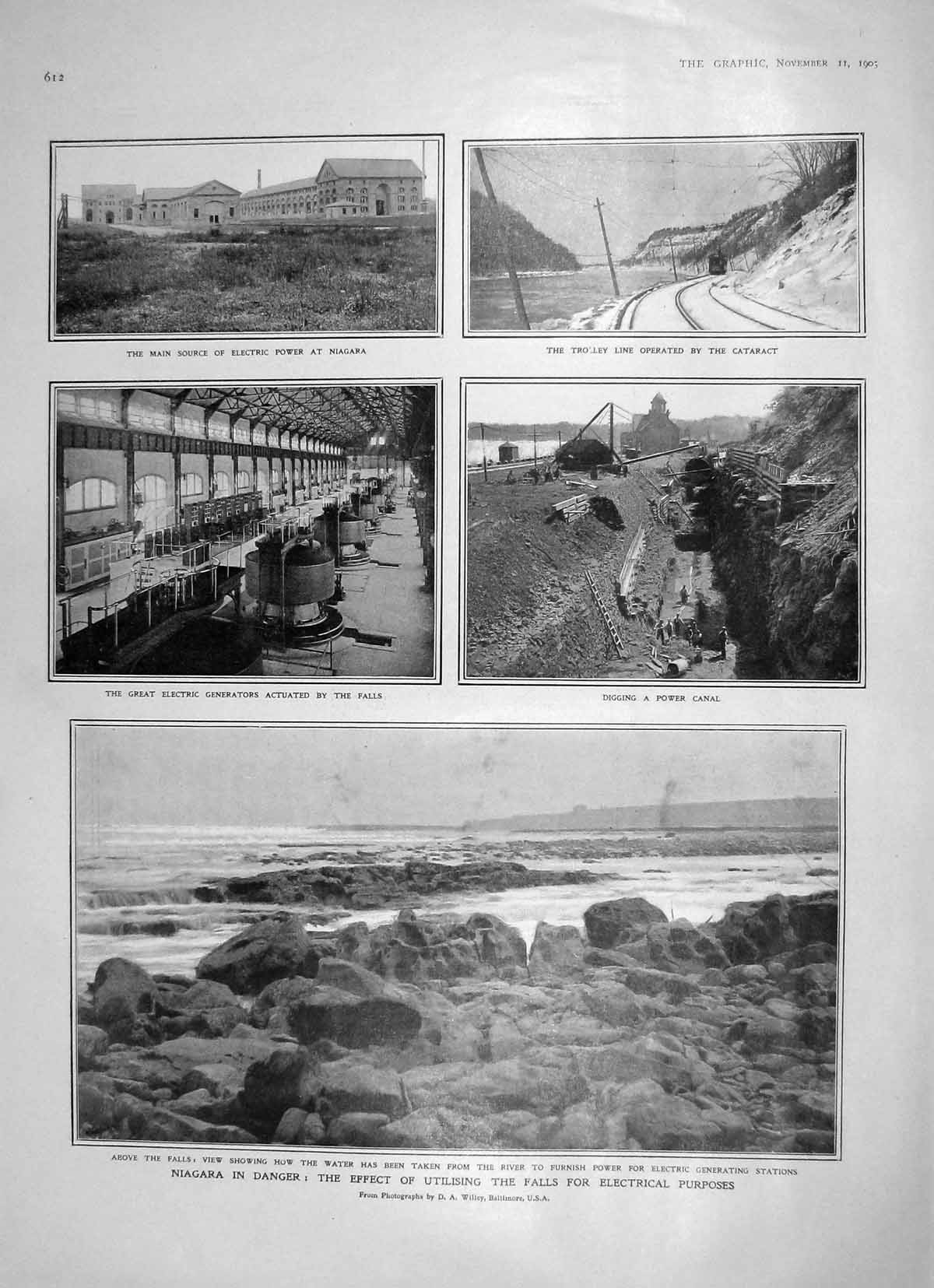 Original Old Antique Print 1905 Niagara Fall Electric Generators Power Canal