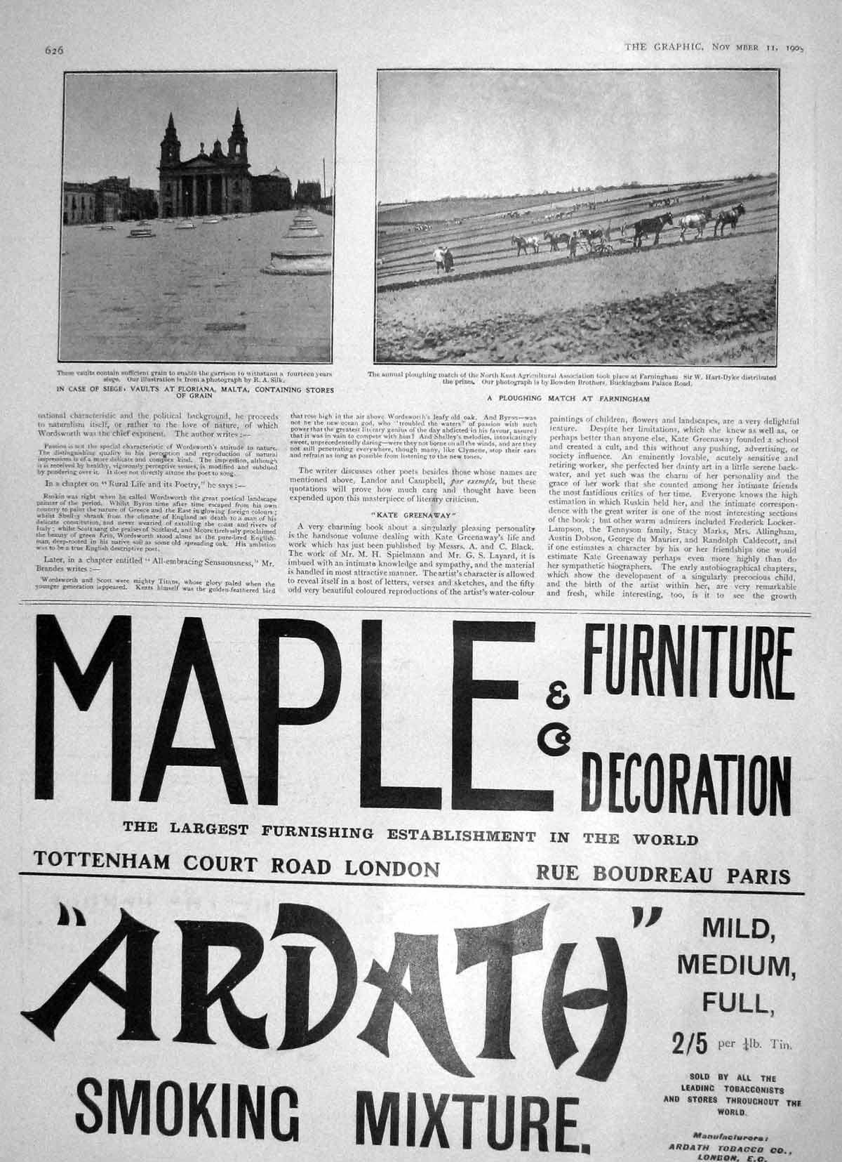 Old Antique Print 1905 Vaults Floriana Malta Grain Ploughing Farningham 20th