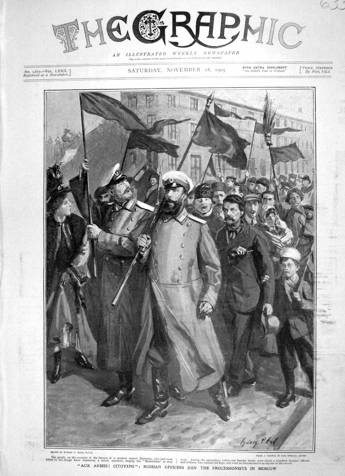 Original Old Antique Print 1905 Russian Officers Processionists Moscow Russia