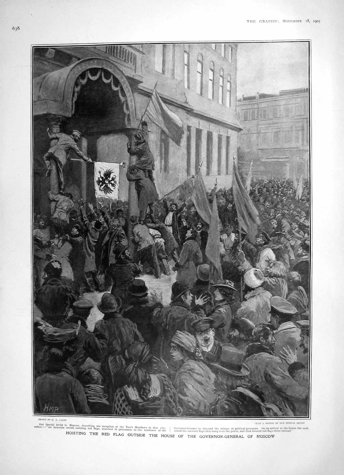 Original Old Antique Print 1905 Hoisting Red Flag House Governor-General Moscow