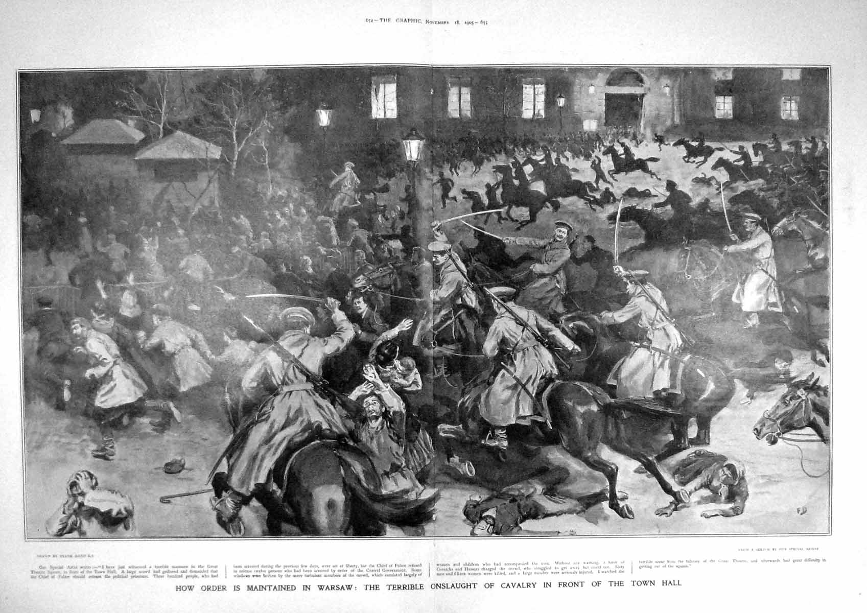 Original Old Antique Print 1905 Warsaw Onslaught Cavalry Town Hall War Siers