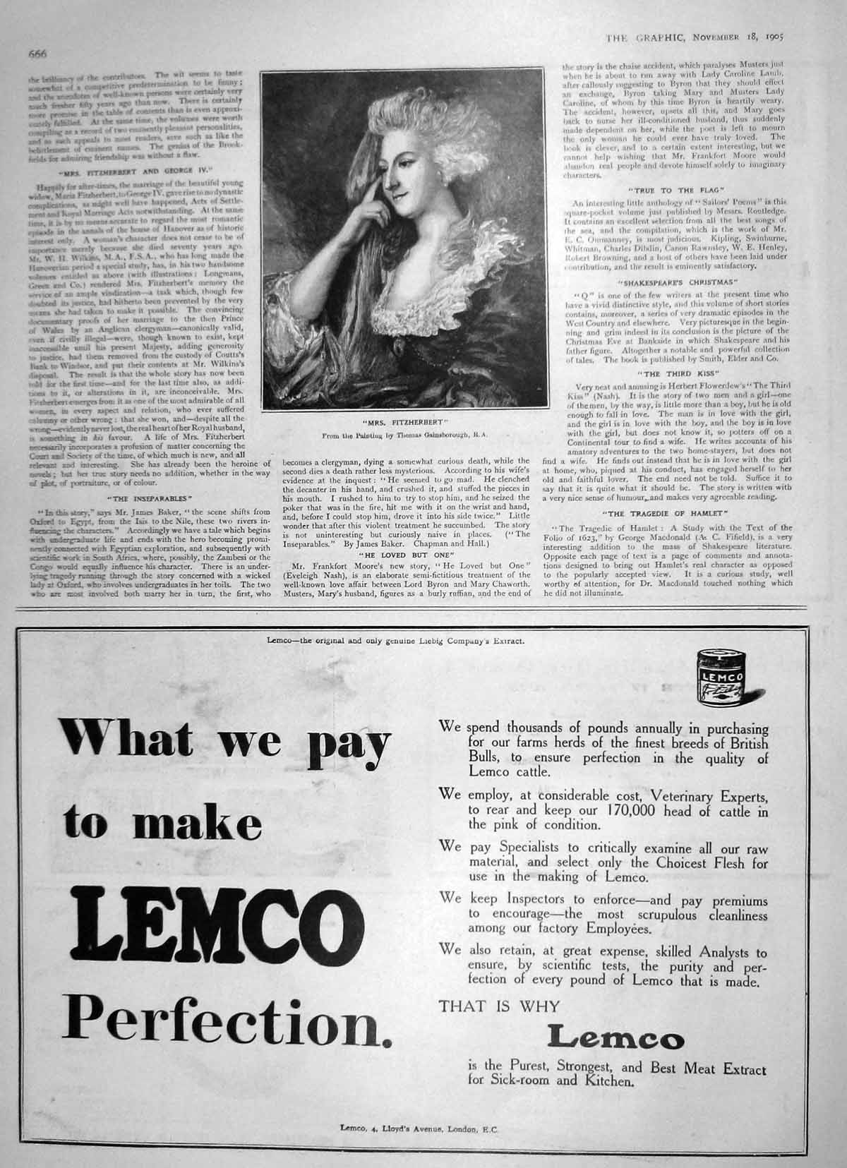Original Old Antique Print 1905 Portrait Mrs Fitzherbert Lemco Meat 20th