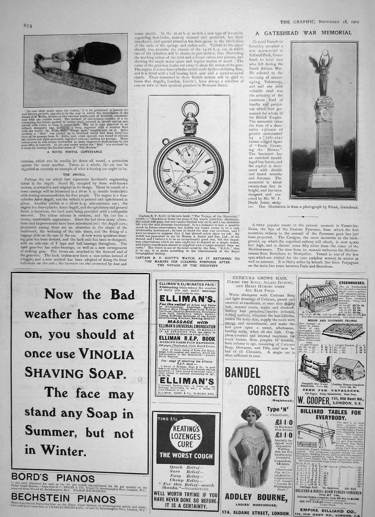 Old Antique Print 1905 Gateshead War Memorial Captian Scott Watch Postal 20th