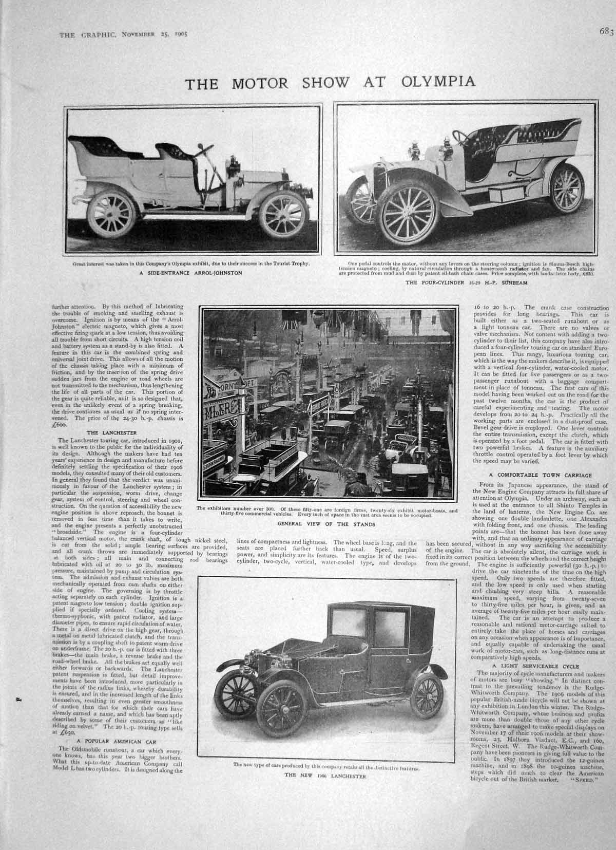 Original Old Antique Print 1905 Motor Car Show Olympia King Norway Christiania
