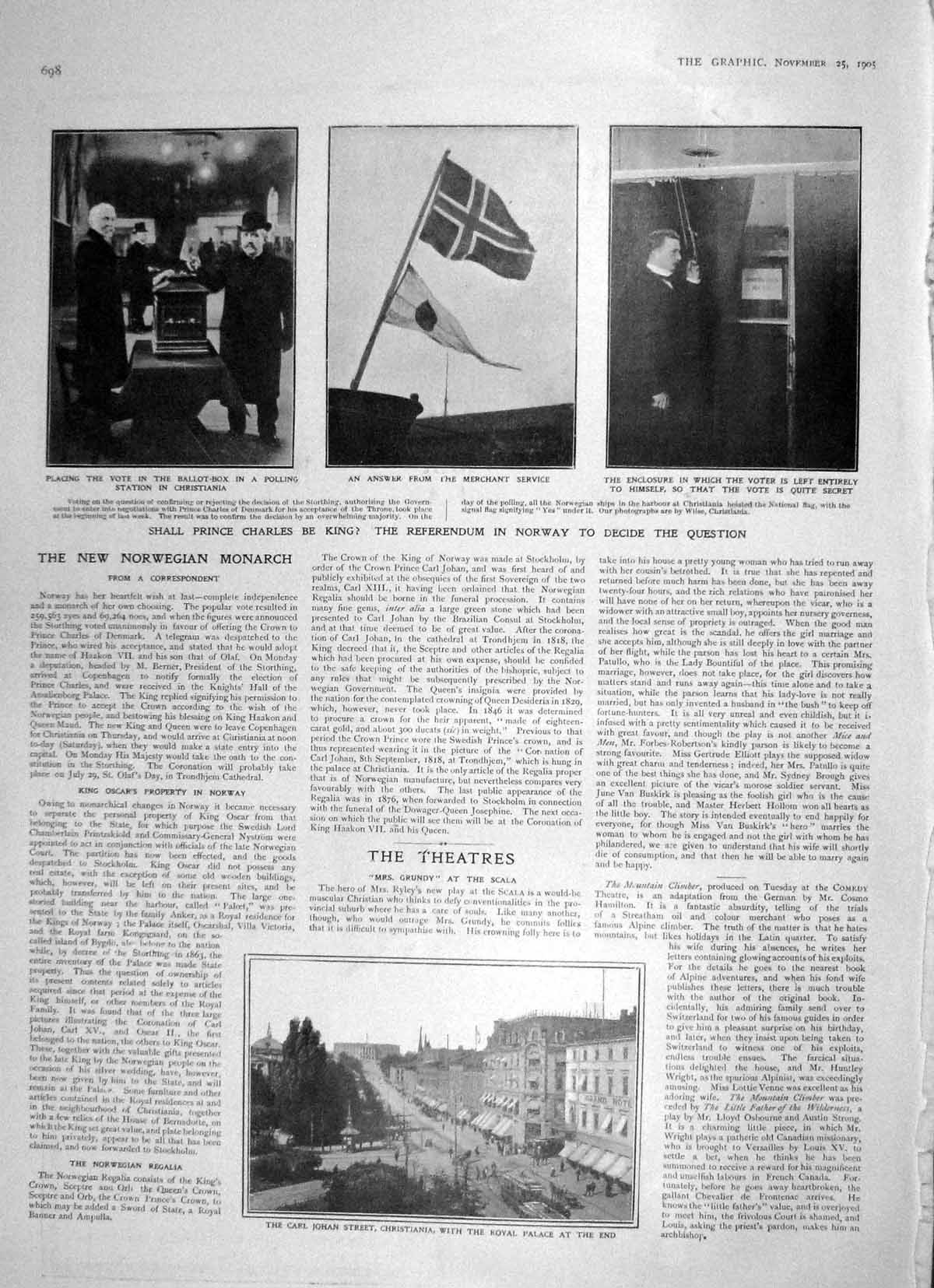 Original Old Antique Print 1905 Referendum Norway Christiania Carl Johan Palace