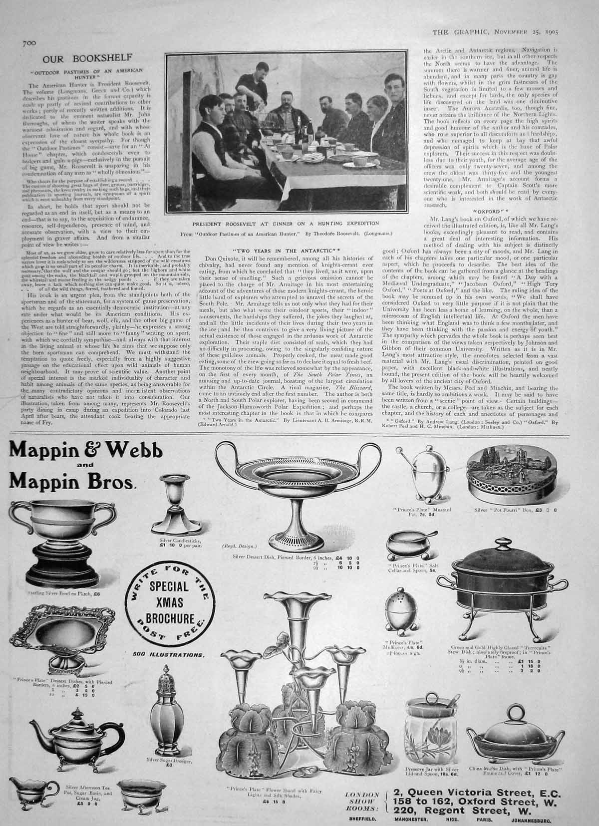 Original Old Antique Print 1905 President Roosevelt Hunting Dinner Mappin Webb