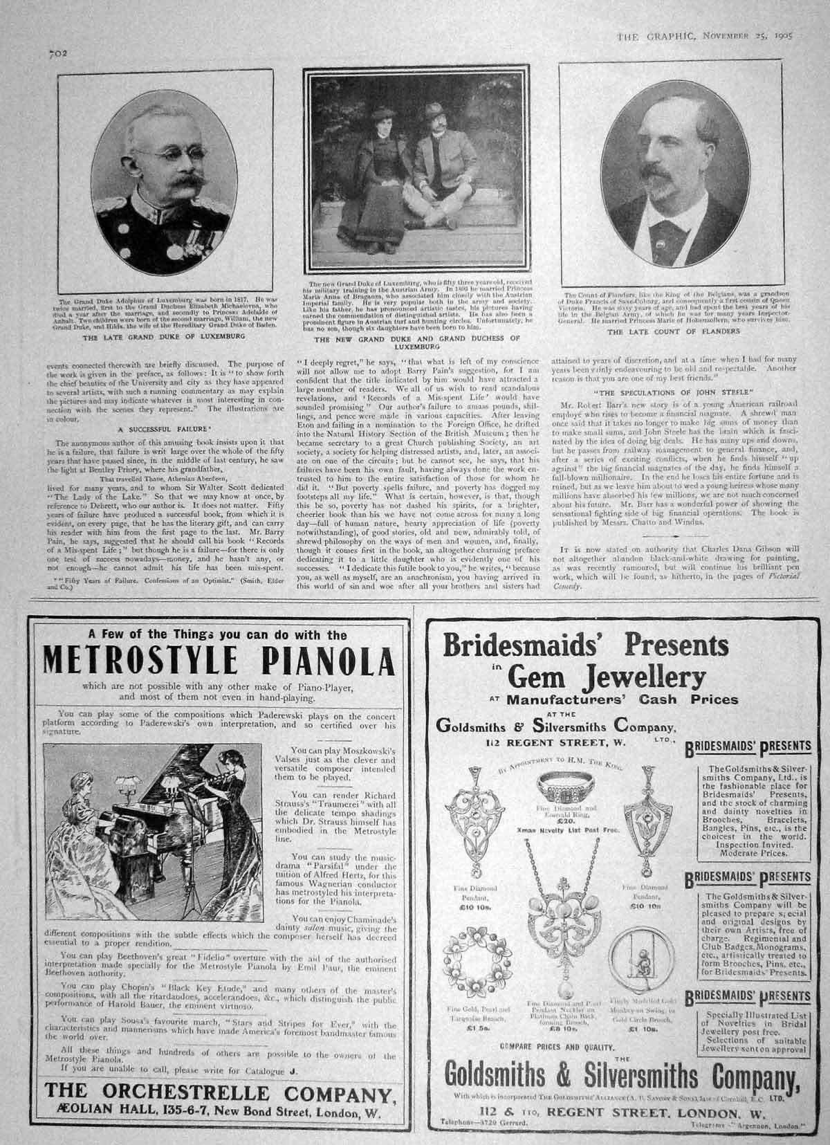 Original Old Antique Print 1905 Count Flanders Duke Luxemburg Metrostyle Piano