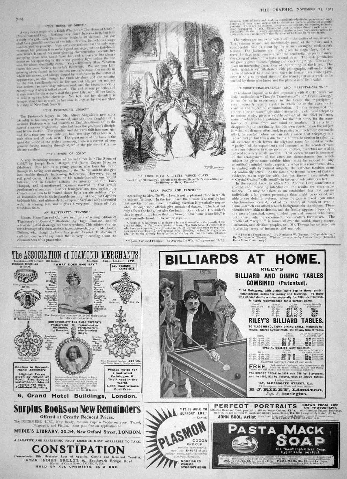 Original Old Antique Print 1905 Hugh Thomson Venice Glass Billiards Mack Soap