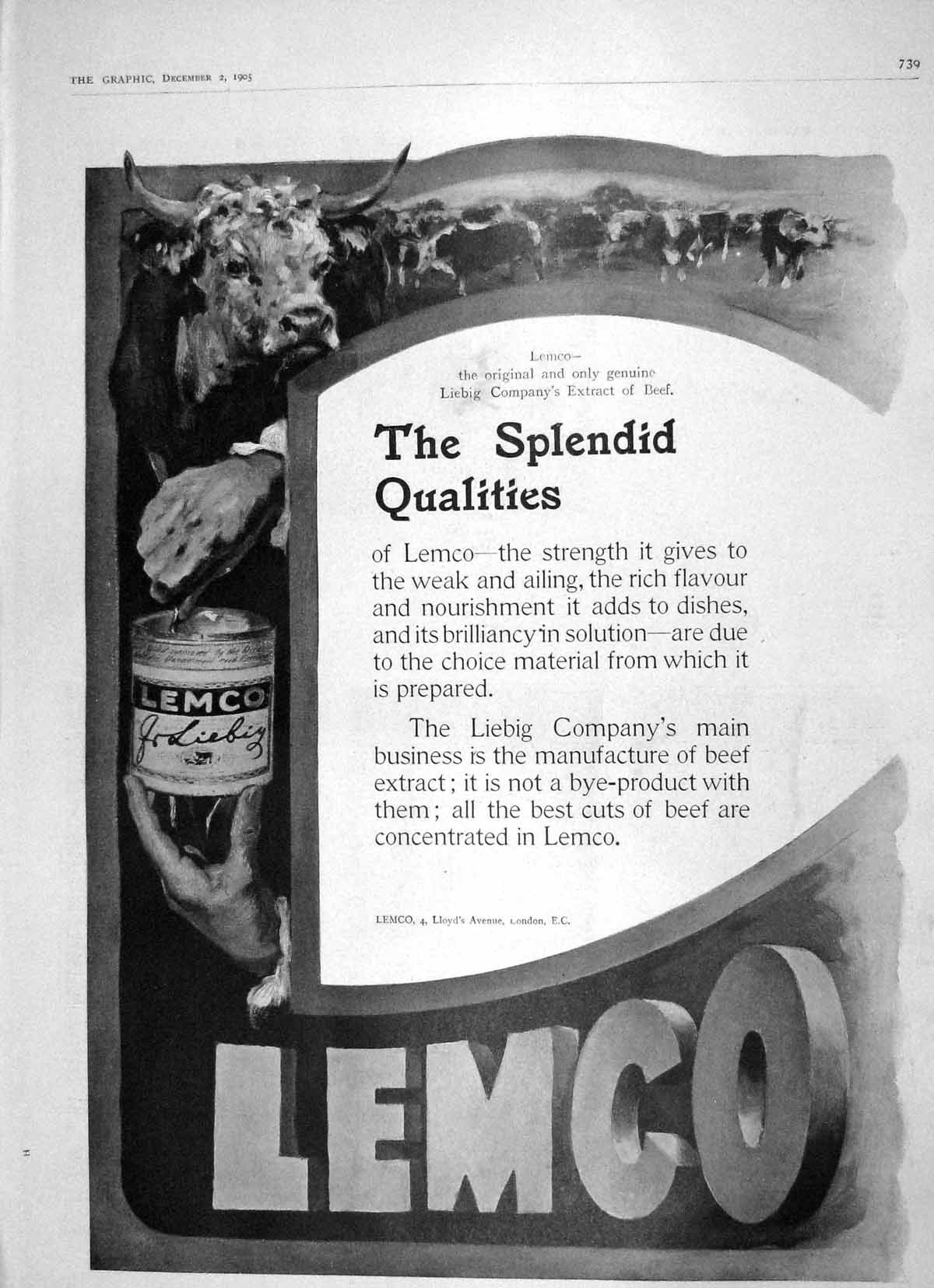 Original Old Antique Print 1905 Advertisement Lemco Liebig Company Beef Extract