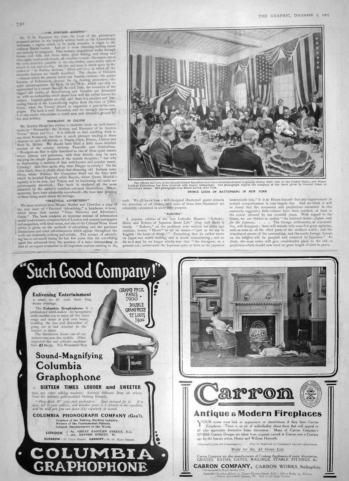Old Antique Print 1905 Prince Louis Battenberg New York Gramaphone Carron 20th