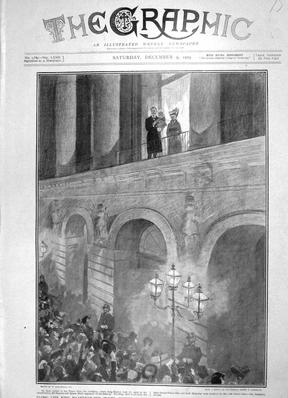 Original Old Antique Print 1905 King Haakon Palace Christiania Queen Maud Olaf
