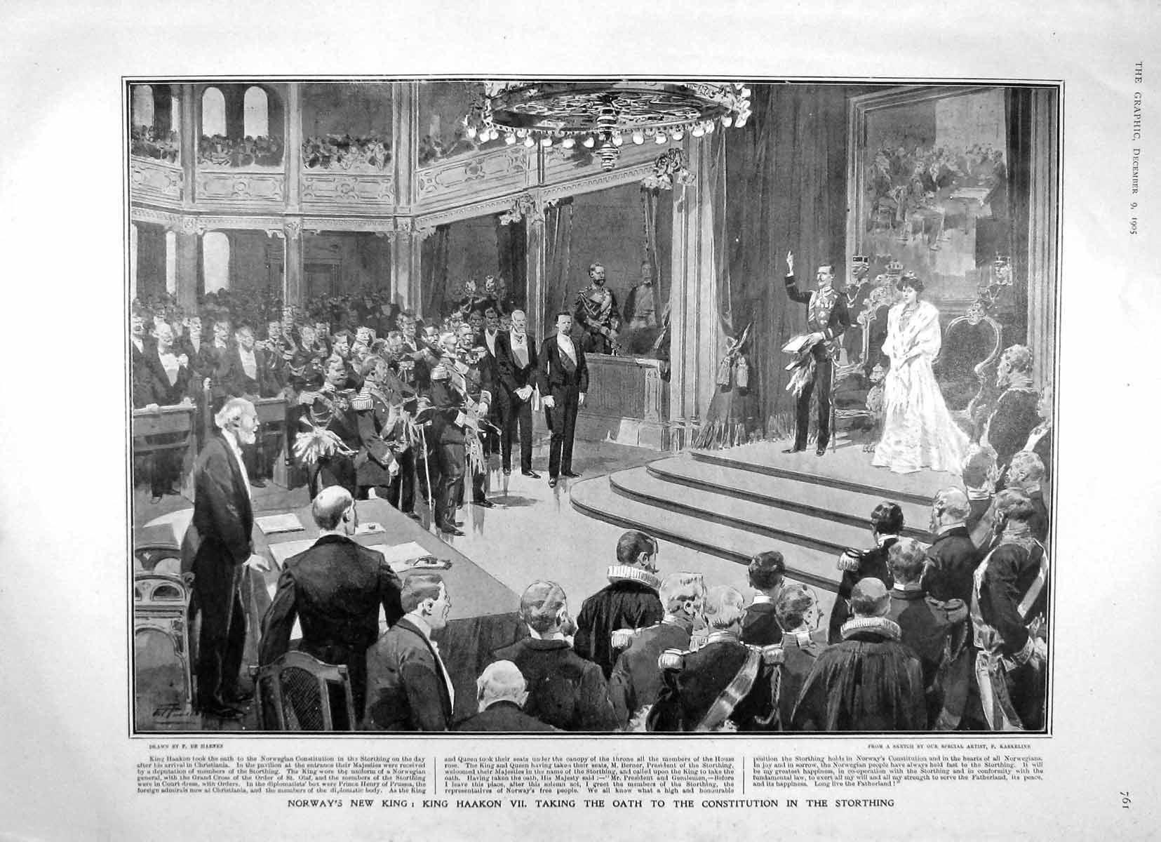 Original Old Antique Print 1905 Norway King Haakon Storthing India Prince Wales