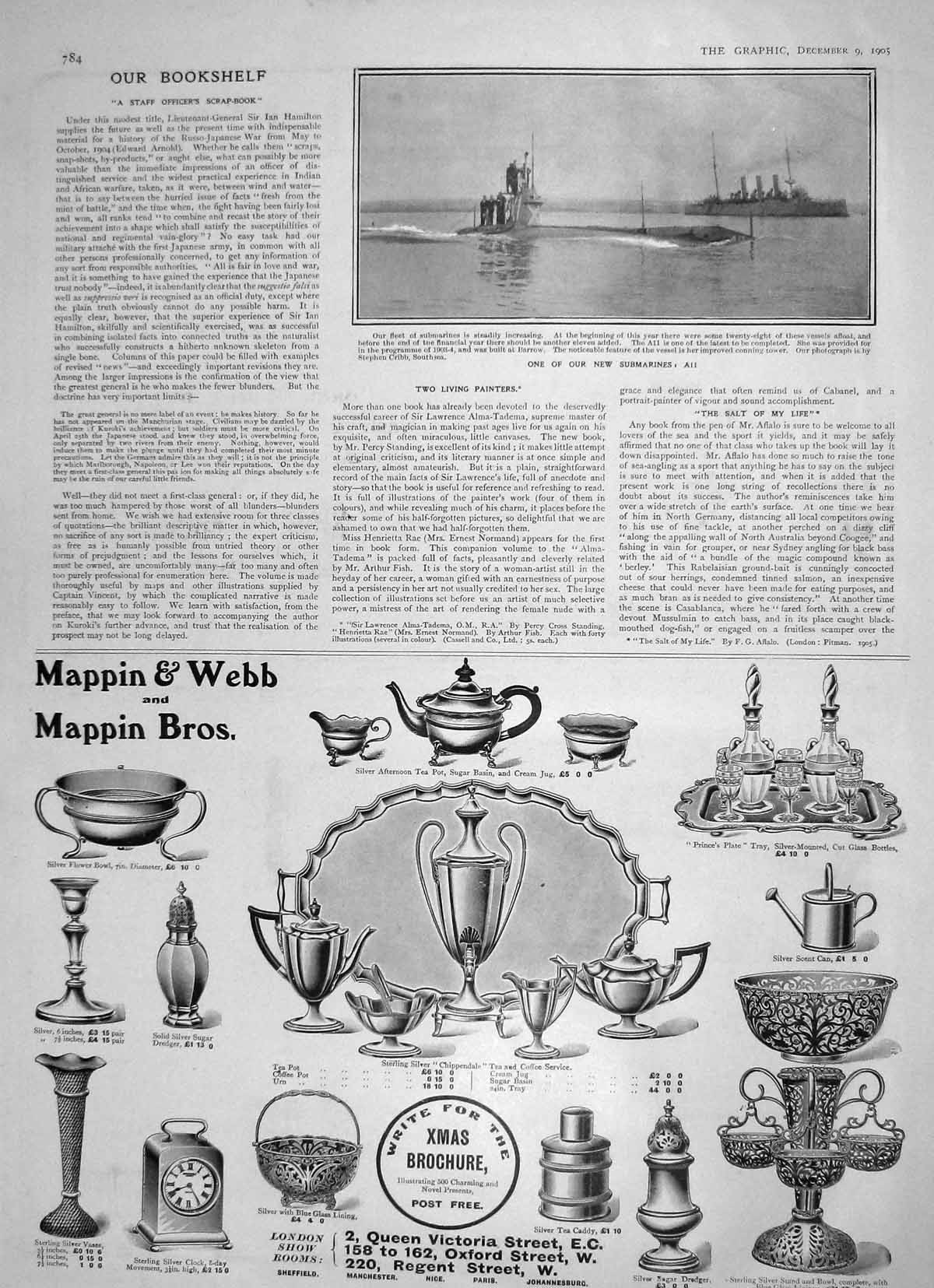 Original Old Antique Print 1905 War Submarine A11 Mappin Webb Silver Sheffield