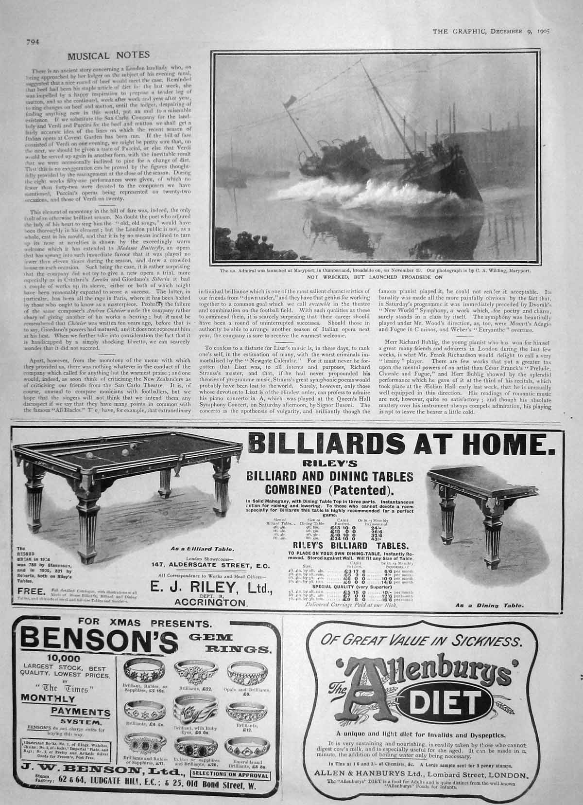 Old Antique Print 1905 Ship Admiral Maryport Cumberland Billiards Bensons 20th