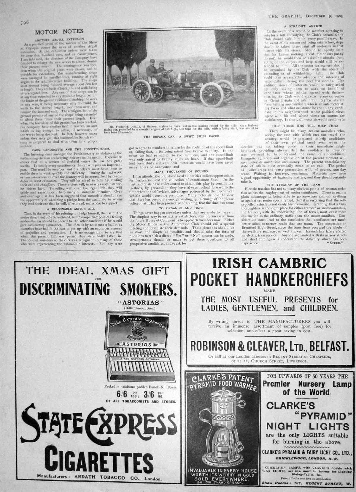 Original Old Antique Print 1905 Dufaux Car Swiss Motor Racer Express Cigarettes
