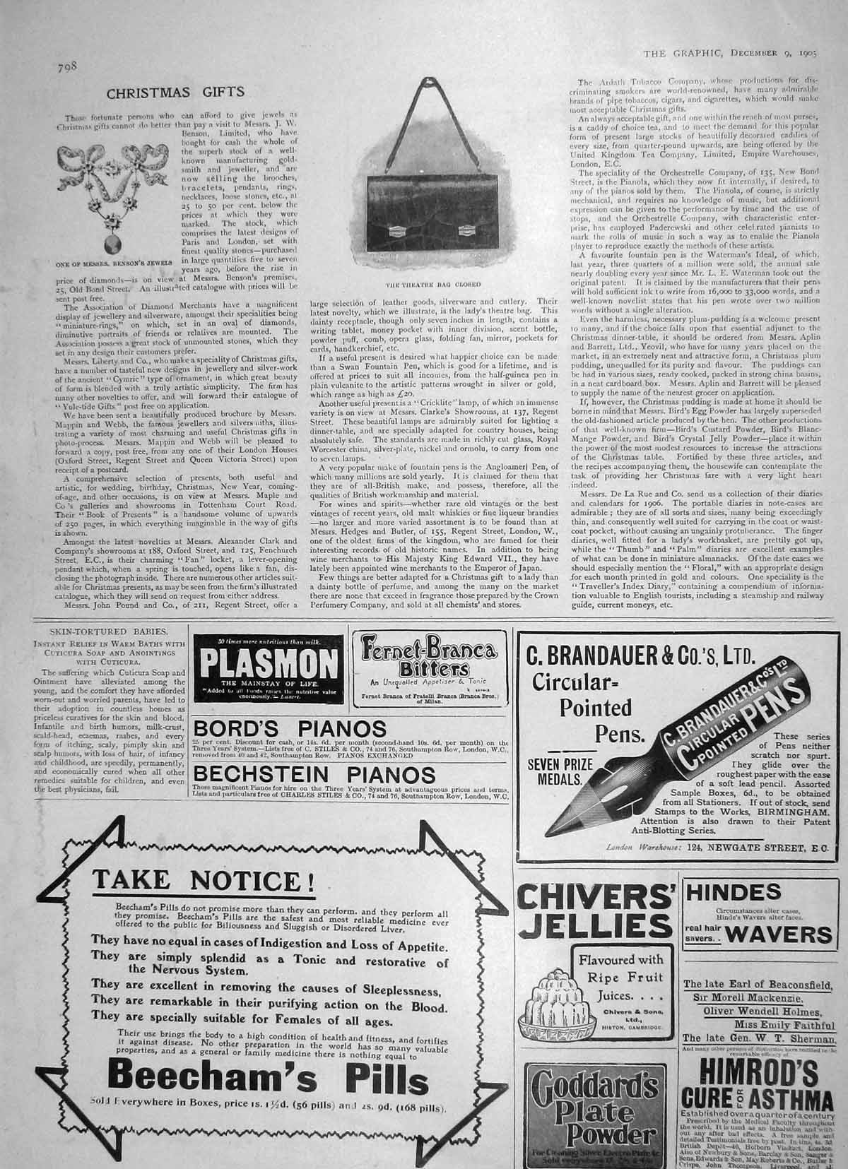 Original Old Antique Print 1905 Theatre Bag Benson Jewels Bord'S Piano Beechams