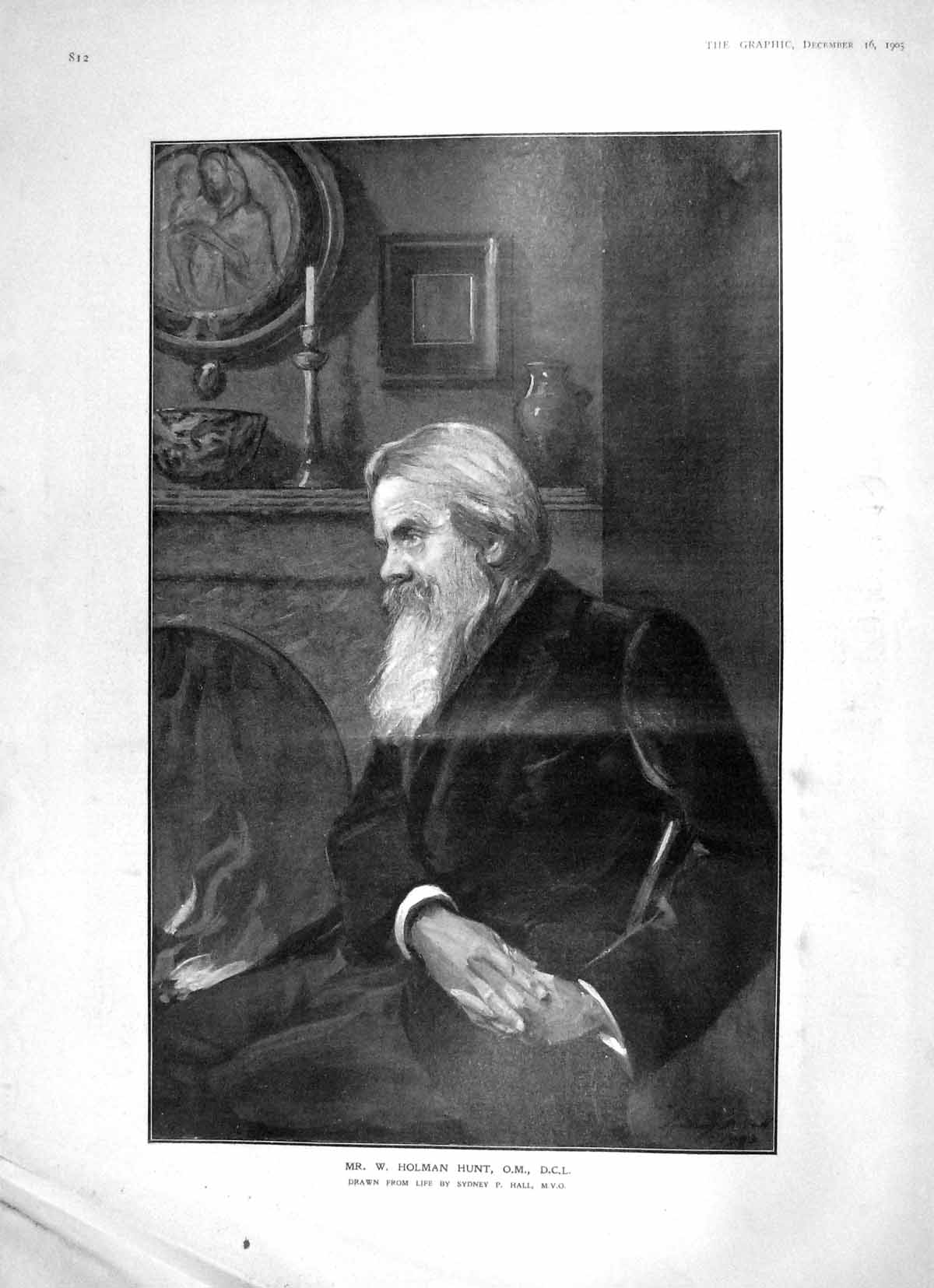 Original Old Antique Print 1905 Portrait Mr. Holman Hunt O.M. D.C.L. 20th