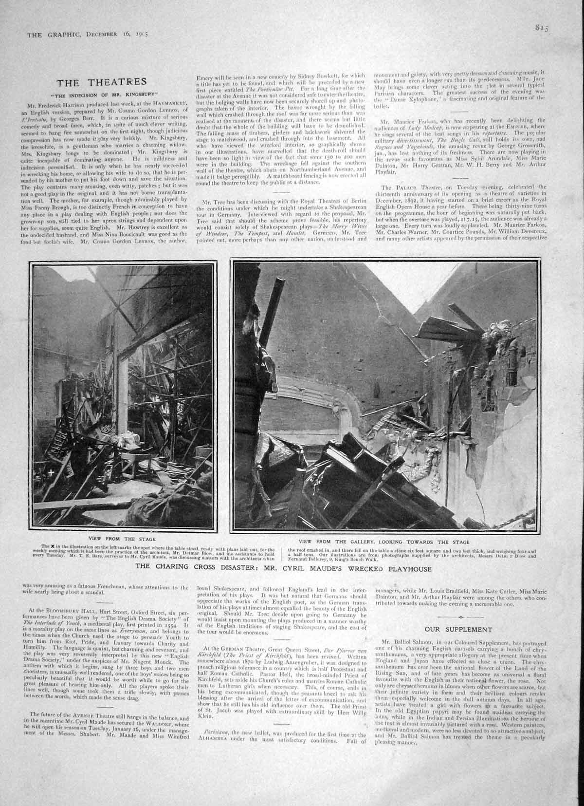 Original Old Antique Print 1905 Charing Cross Train Crash Cyril Maude Railway