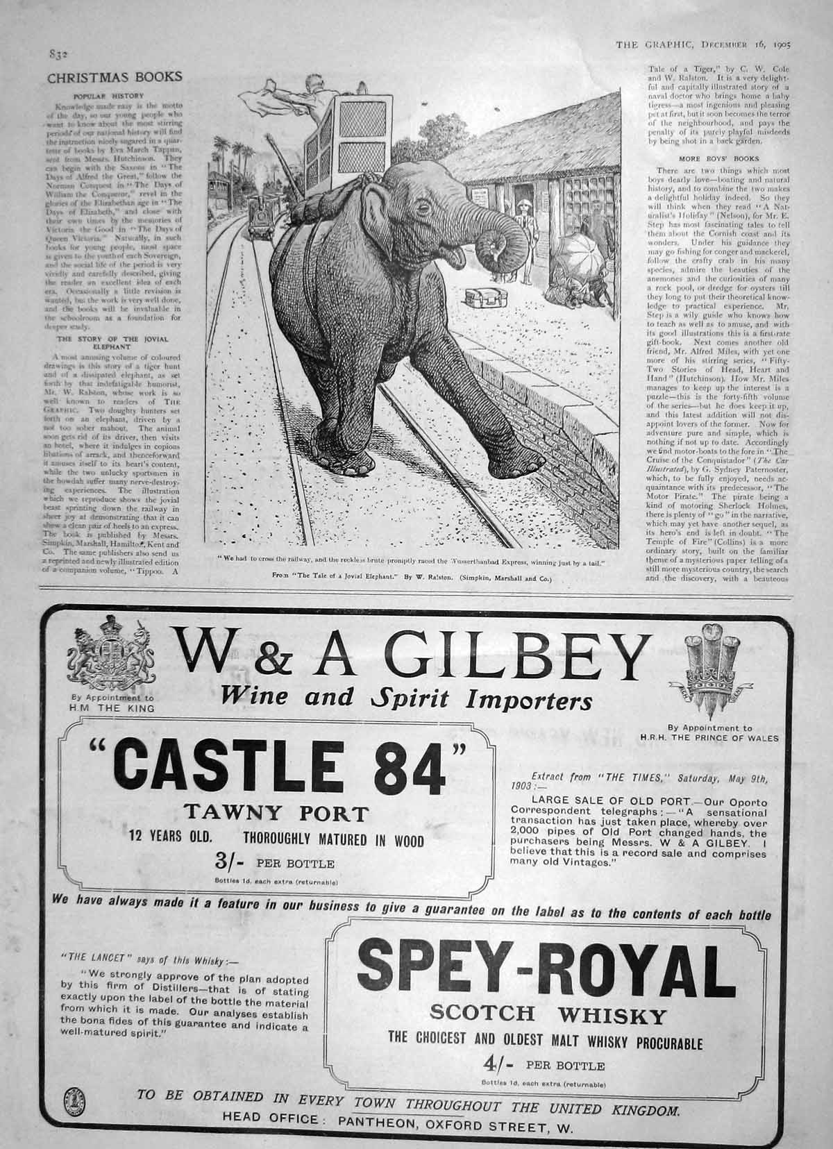 Old Antique Print 1905 Jovial Elephant Railway Gibley Spey-Royal Whisky 20th