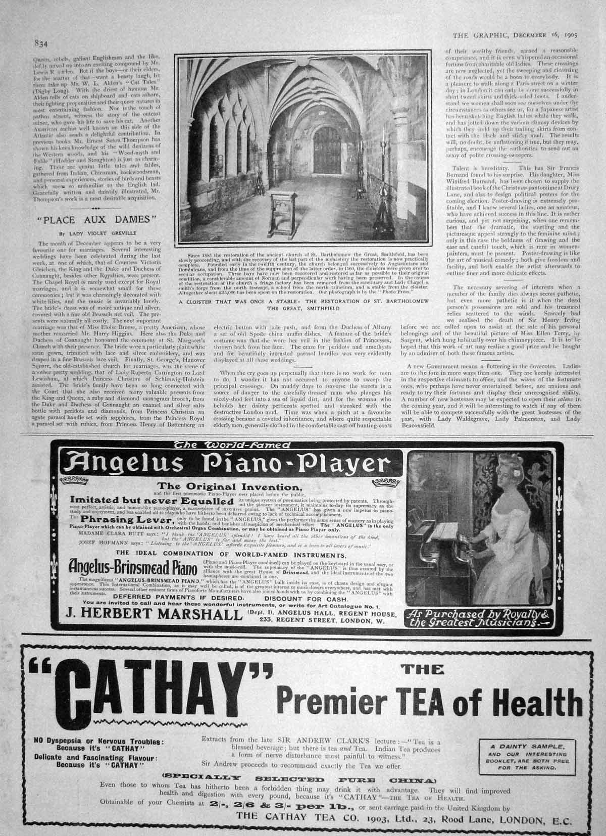 Original Old Antique Print 1905 Cloister St. Bartholomew Smithfield Cathay Tea
