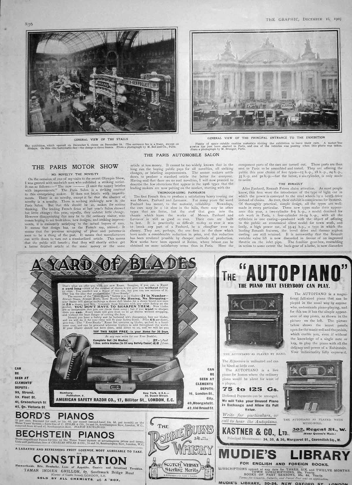 Original Old Antique Print 1905 Paris Automobile Car Exhibition Bord'S Pianos