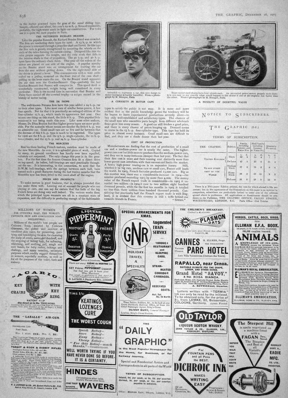 Old Antique Print 1905 Motor Car Cap Paris Road Skates Gnr Cannes Hotel 20th